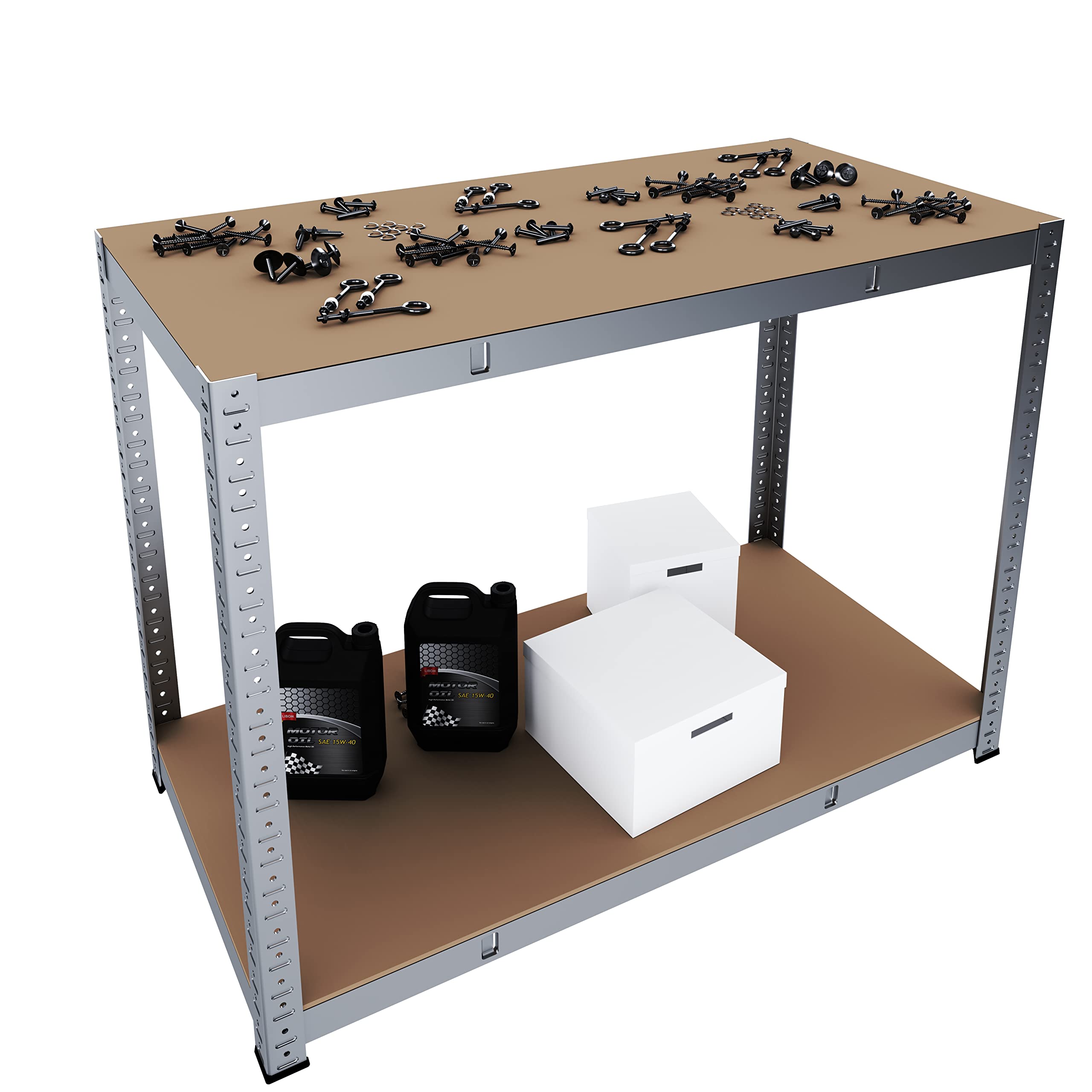 Banco Tavolo Da Lavoro Senza Bulloni In Acciaio Metallo e MDF Portata Fino a 600 Kg Con 2 Ripiani Regolabili Ideale Per Garage Officina Cantina Capannone Magazzino Design Modulare 87 x 120 x 60 cm