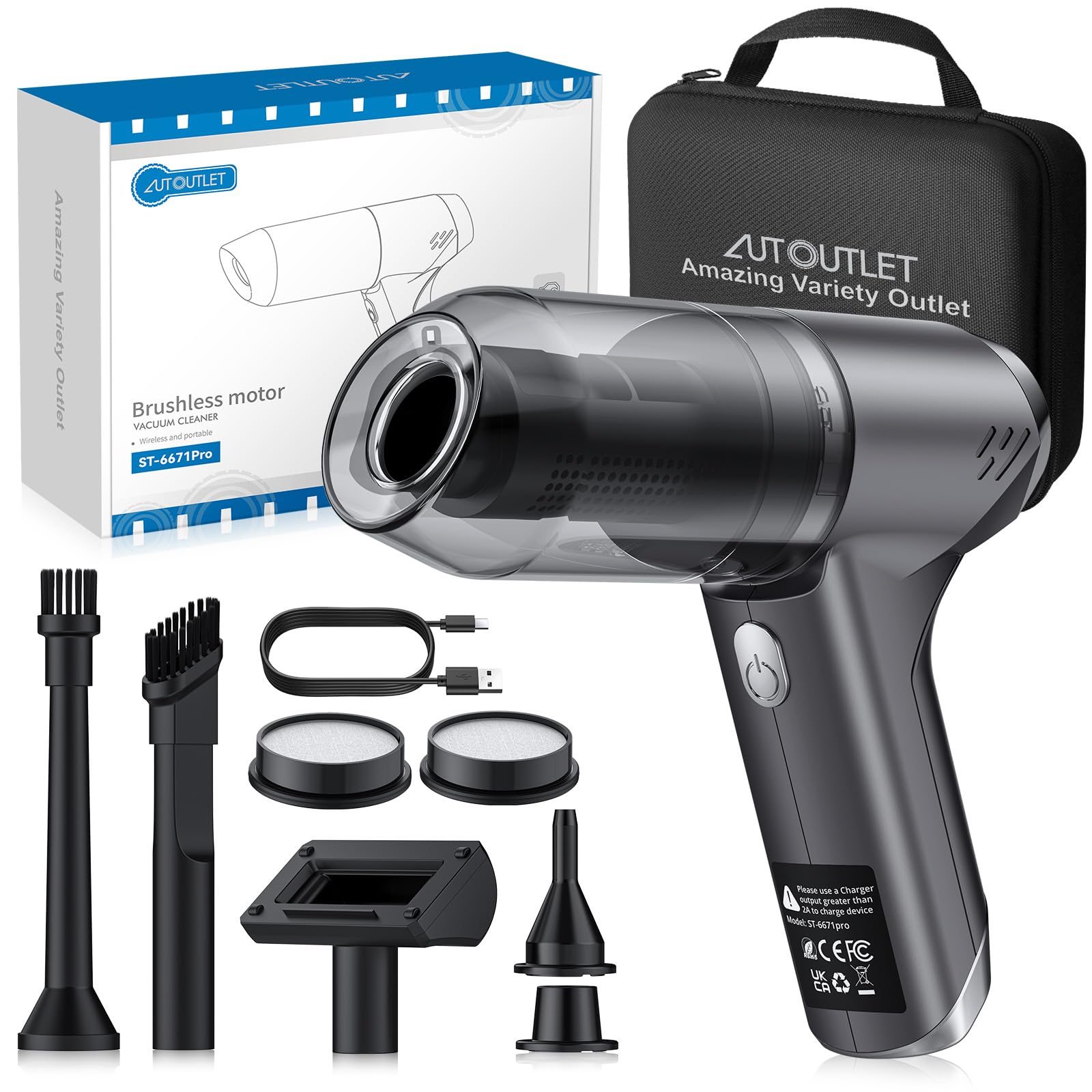AUTOUTLET Mini Handstaubsauger Kabellos, 4 in 1 Staubsauger Auto Brushless Motor 11KPA High Power, 2-Gang 85000 U/min Druckluftspray, Akku Auto Staubsauger für Outdoor, Office Reinigung und Tierhaare