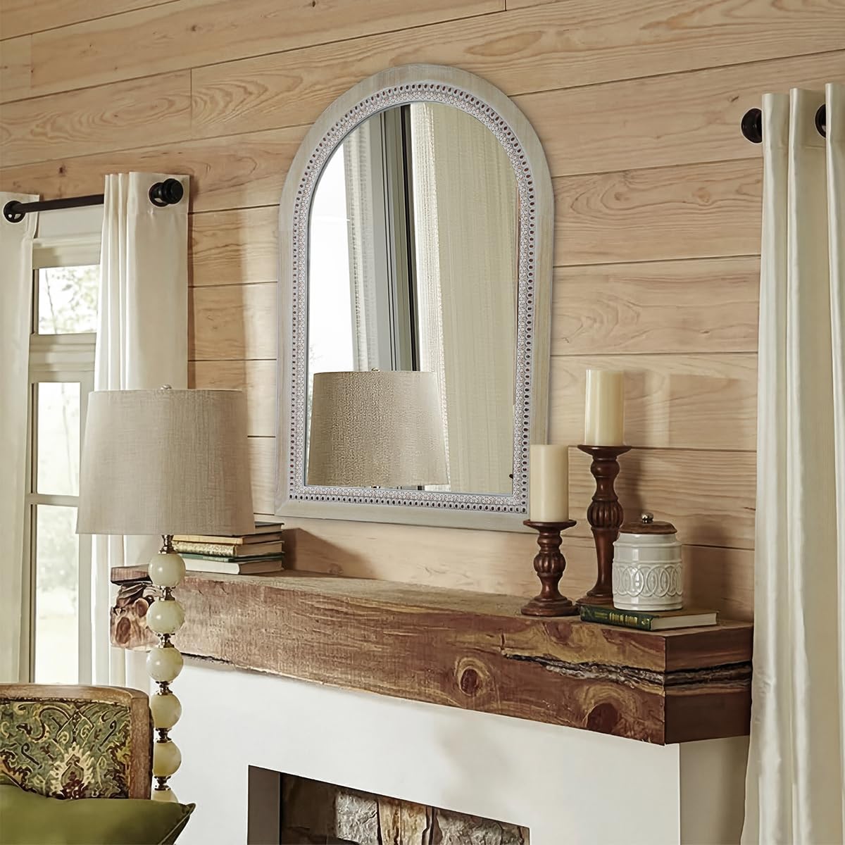 Arched Wooden Mirrors for Farmhouse Wall Decor Arched Wood Frame With Beads Details, Rustic Large Bathroom Vanity Mirrors for Bathroom, Over Sink, Bedroom, Living Room, Entryway,Foyer (36''Lx24''W)