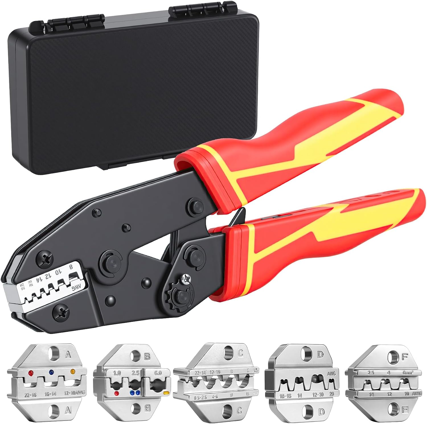 6PCS Crimping Tool Set, Ratcheting Wire Crimper for Heat Shrink, Insulated Nylon/Non-Insulated Ferrule Wire End, Open Barrel Terminals, Solar Connectors with 6 Jaws
