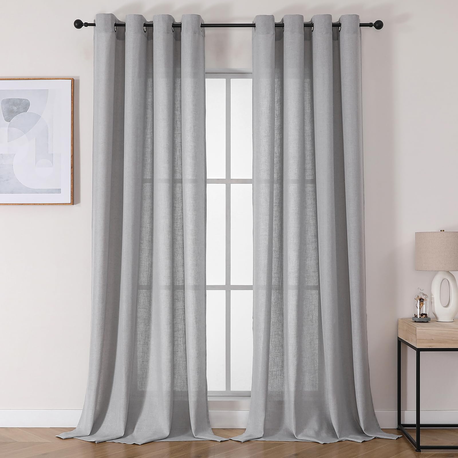 Joydeco Leinen Vorhänge Halbtransparent Wohnzimmer mit Ösen Gardinen Stores Leinenoptik Vorhang Modern Boho Ösenvorhang Ösenschal 2er Set 220x140cm (HxB) Grau Curtains für Schlafzimmer