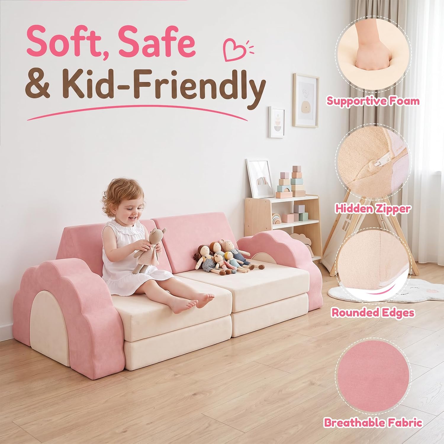 Flower Kids Play Couch, Modular Foam Sofa for Playroom & Bedroom | 10-Piece Convertible flower play couch with endless ways to build, lounge, imagine and explore, Removable & Washable Cover