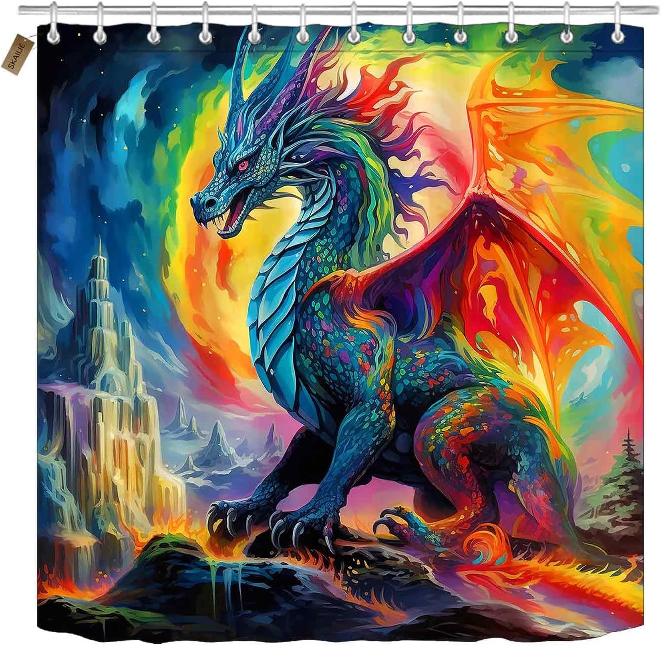 4PCS Dragon Shower Curtain Set, Medieval Mythical Creature Fantasy Animal Cool Dragon Bathroom Decor for Boys Kids Teens, Waterproof Fabric Shower Curtain, Non-Slip Bath Mats Toilet Rugs