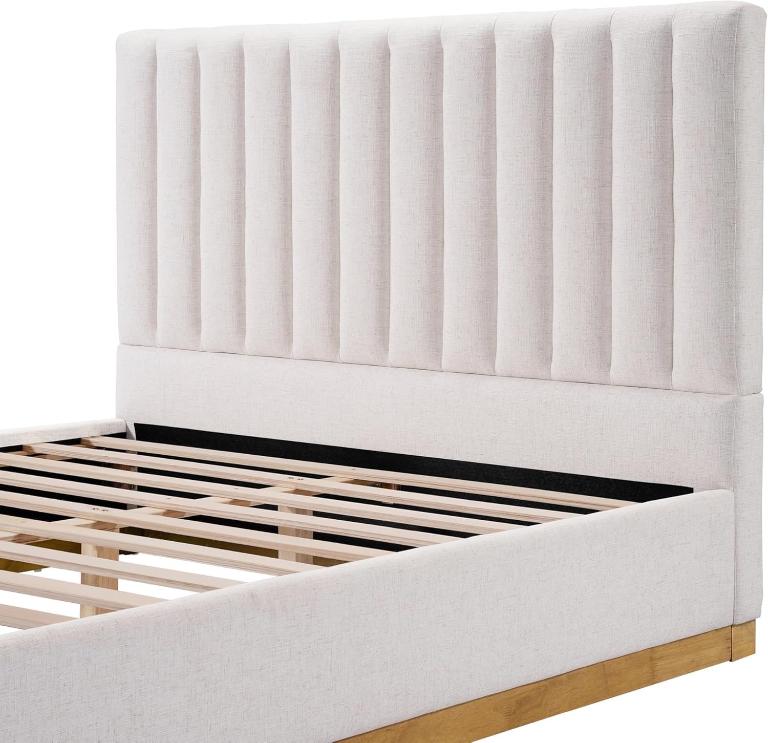 MERITLINE Queen Upholstered Bed with Headboard, Solid Wood Modern Floating Bed Frame with Upholstered Headboard and Slats Support,No Box Spring Needed, Easy Assembly (Beige,Queen)