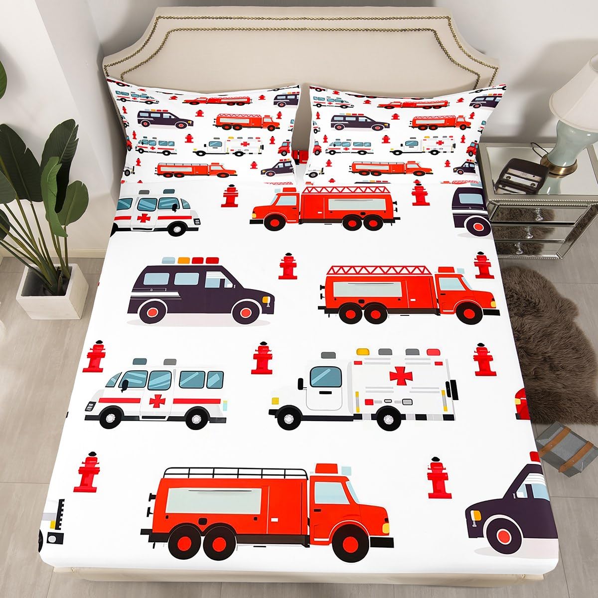 Drap housse 90x190 enfant voiture de police et camion de pompiers avec taie