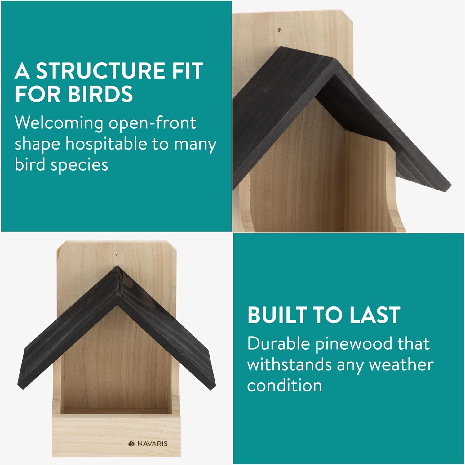 Navaris Bird House, Black - Durable Pinewood Bird Nesting Box for Garden Use - Nest Boxes for Small Wild Birds: Robin, Sparrow, Swift - Front-Open & Easy to Install Bird Houses