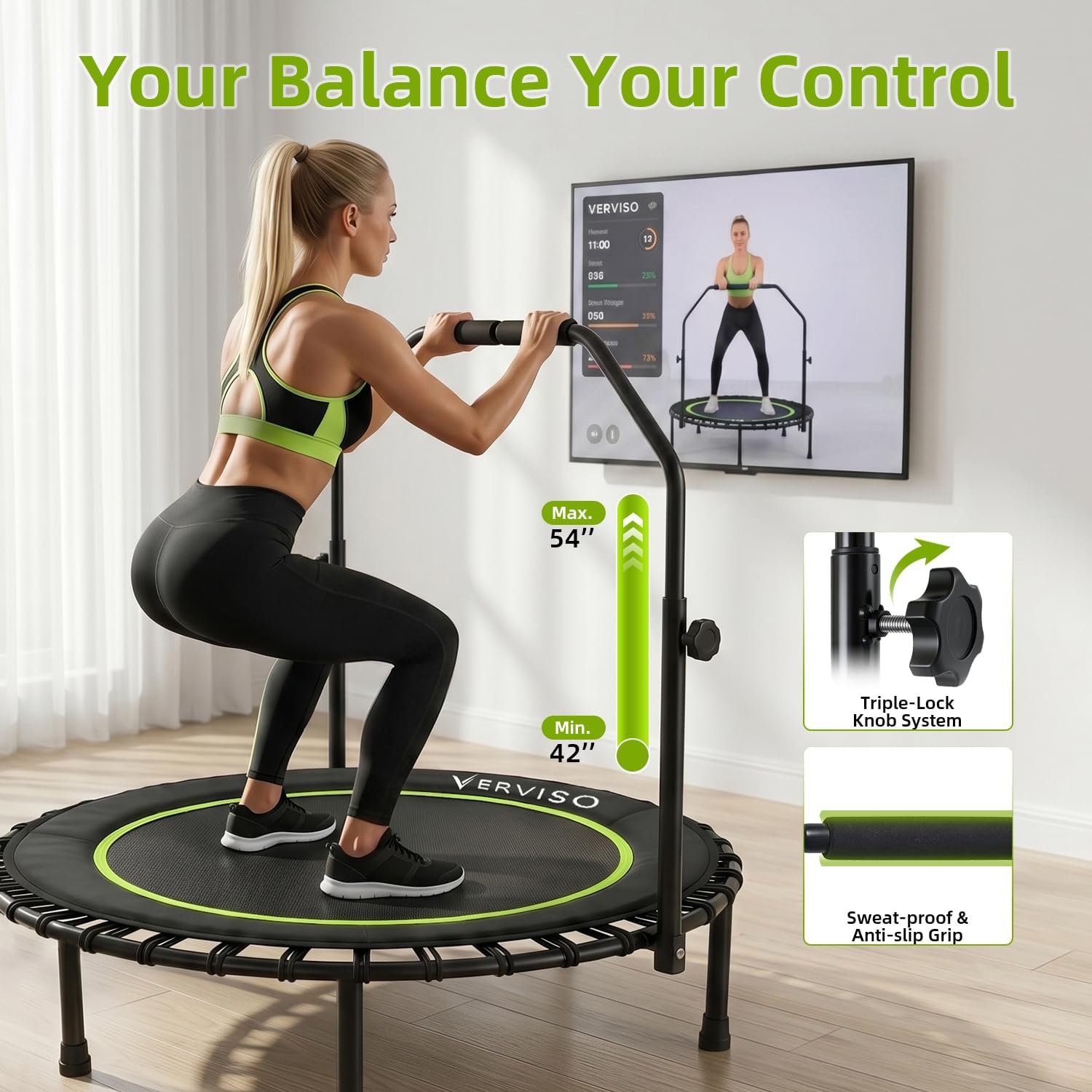 40"/46"/50" Bungee Rebounder Trampoline for Adults, 460LBS Low Impact Quiet Foldable Mini Trampoline, Easy Assembly Indoor Fitness Rebounder with Handle for Whole-Body Workout