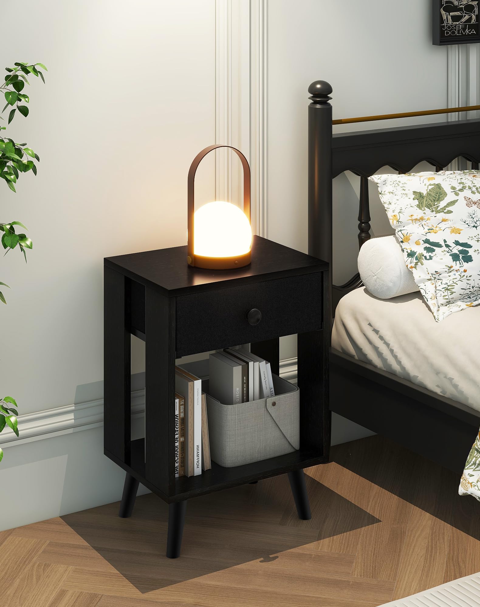 YMYNY Table de Chevet, Lot de 2, Table d'Appoint, Commode de Chevet, Tiroir en Tissu, Étagère Ouverte, Pieds Massifs en Bois, Moderne, Structure Simple, pour Chambre, Salon, Noir HST012B-2