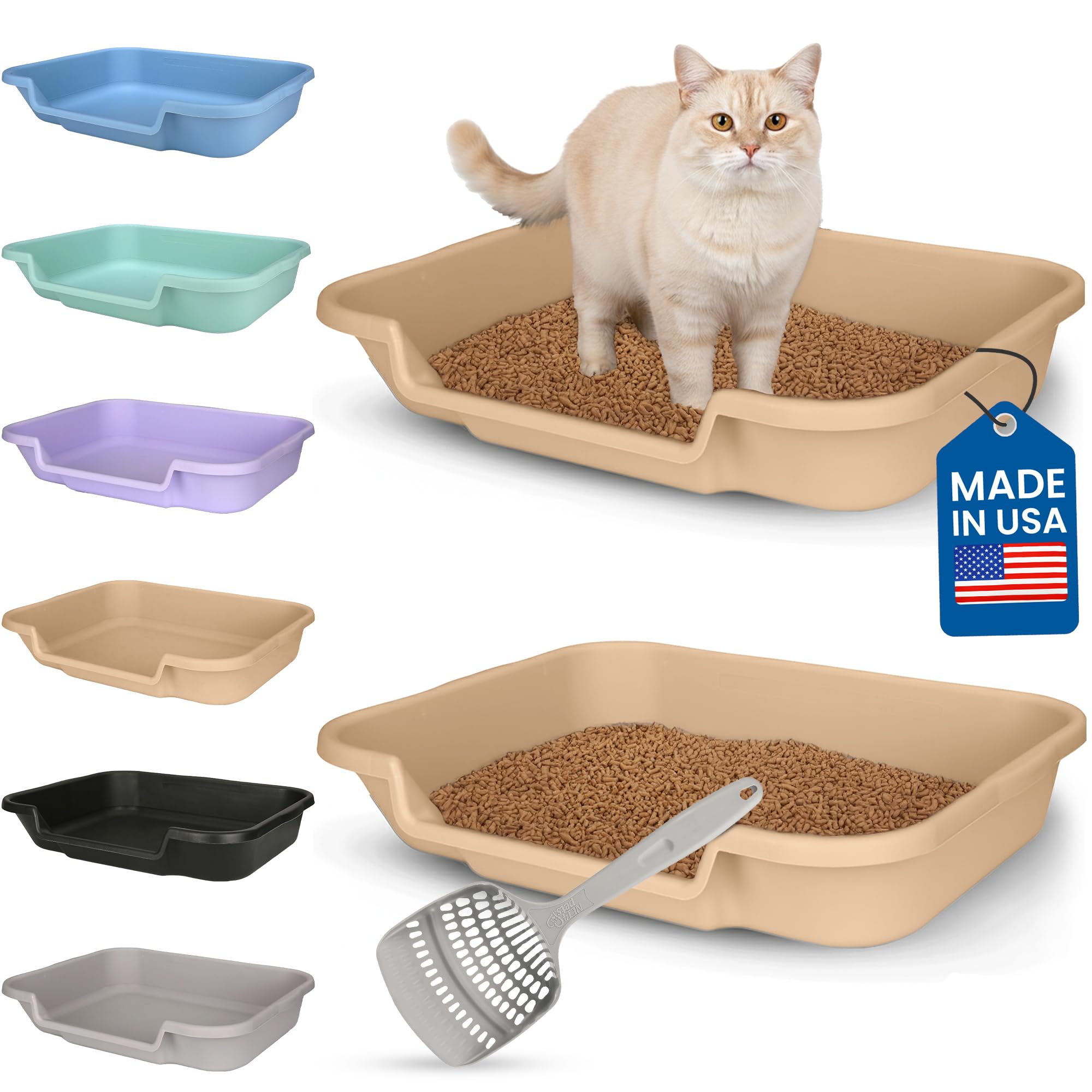 KittyGoHere Senior Cat Litter Box, Large Litter pan with Long-Handle Jumbo Scoop, Open Top Low Entrance Kitty Litter Box, Lightweight Low Entry Litters Box, Durable, Made in USA (2 Pack - Beach Sand) — image 1