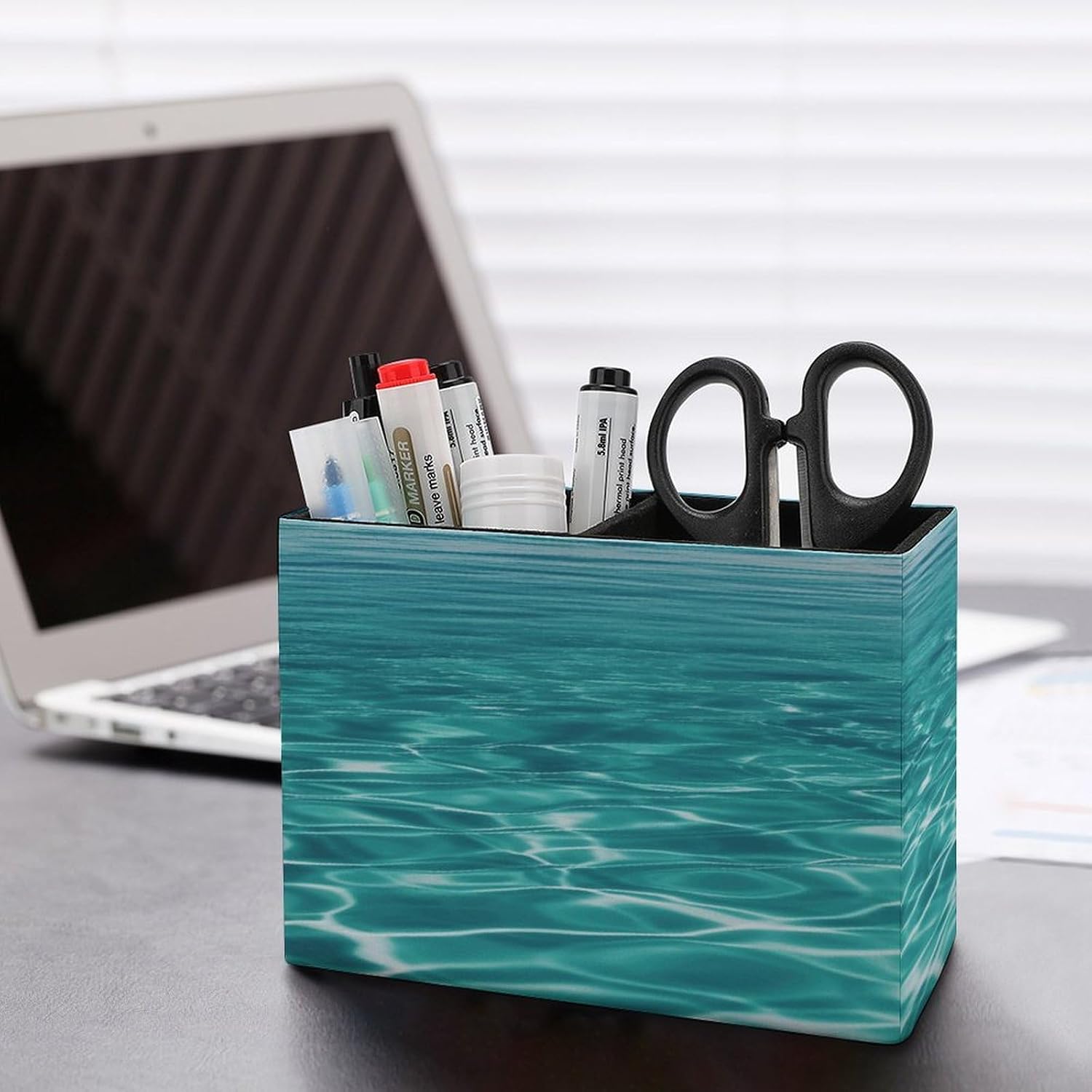 Blue Aqua Pool Water Pen Holder Double Compartments Pen Cup Fashion Makeup Brush Holders Leather Pencil Holder for Work Locker Accessories Modern Pencil Cup for Desk Organizer image 5