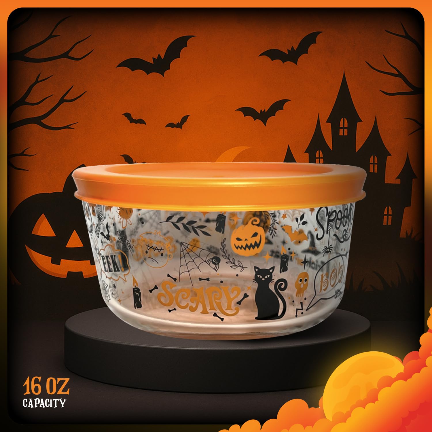 Recipientes de almacenamiento de vidrio para Halloween con tapas, juego de 4 (2 recipientes + 2 tapas), 4 tazas (32 onzas), diseño espeluznante, sin BPA, aptos para microondas y lavavajillas,