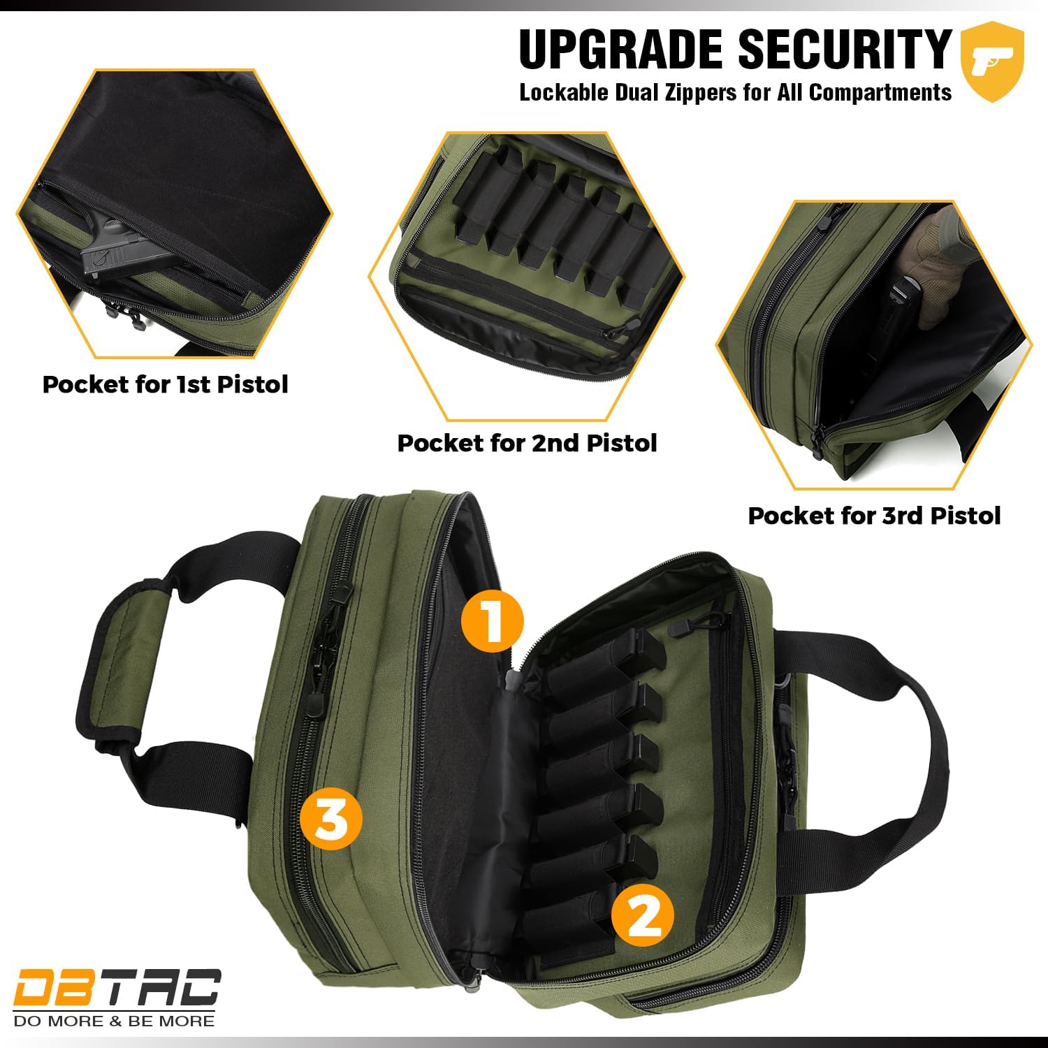DBTAC Gun Case Bag Upgraded Compact | Tactical 3x Pistol Bag Firearm Shooting Case with Lockable Zipper for Shooting Range Outdoor Hunting | Molle Pouch + US Flag Patch + Universal Holster Included