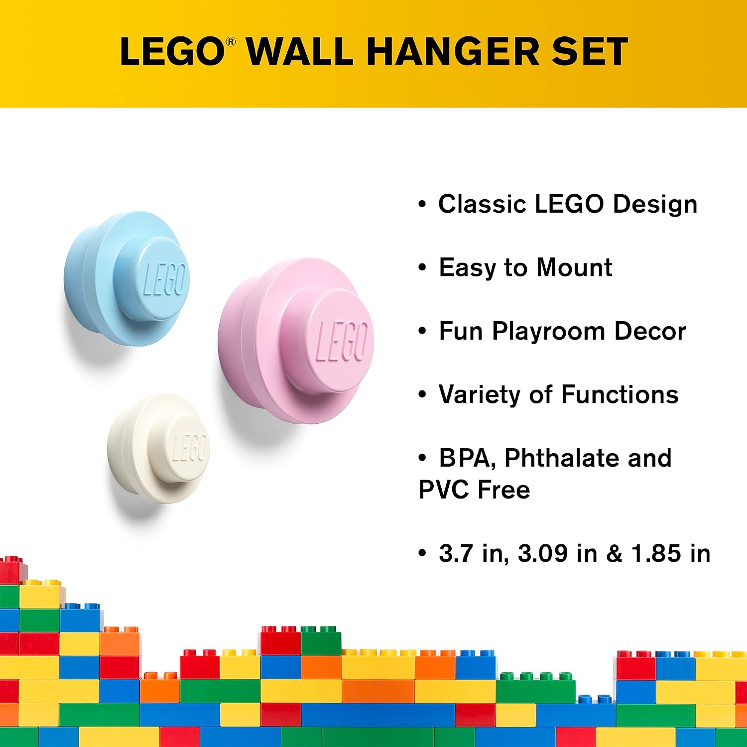 Room Copenhagen, Lego Wall Hanger Set - Decorative Playroom Utility Hooks - Light Blue/Pink/White