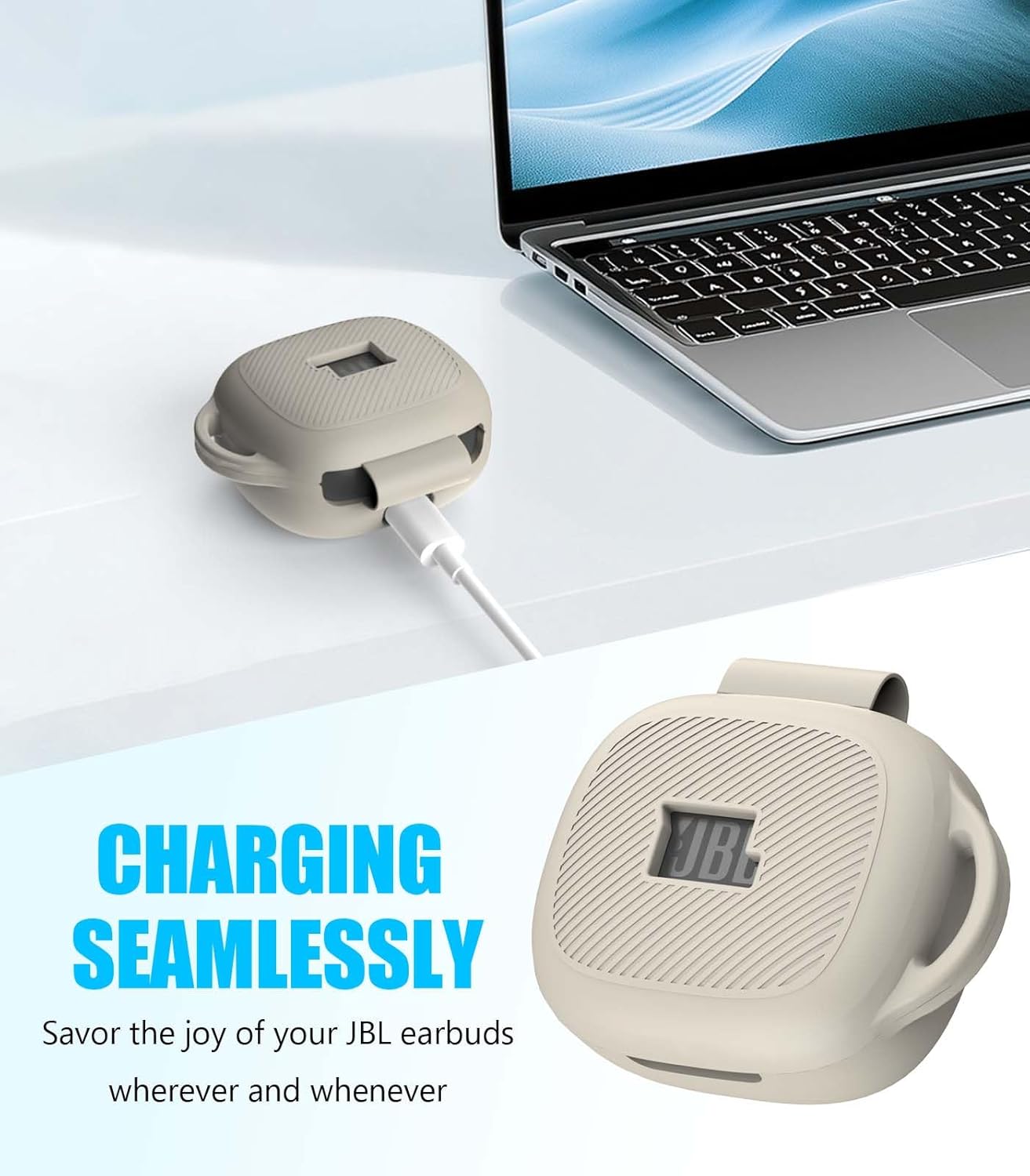 [3 in 1] for JBL Live Pro 2 Case Cover with Cleaner kit, Logo Visible Design Scratch Resistant Shockproof Silicone Protective Cover for JBL Live Pro 2 Earbuds with Carabiner-Apricot - Image 8