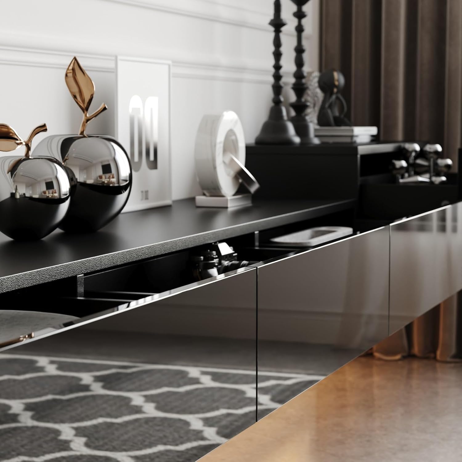 Close-up of an open high-gloss drawer on the MOUMON Floating TV Console