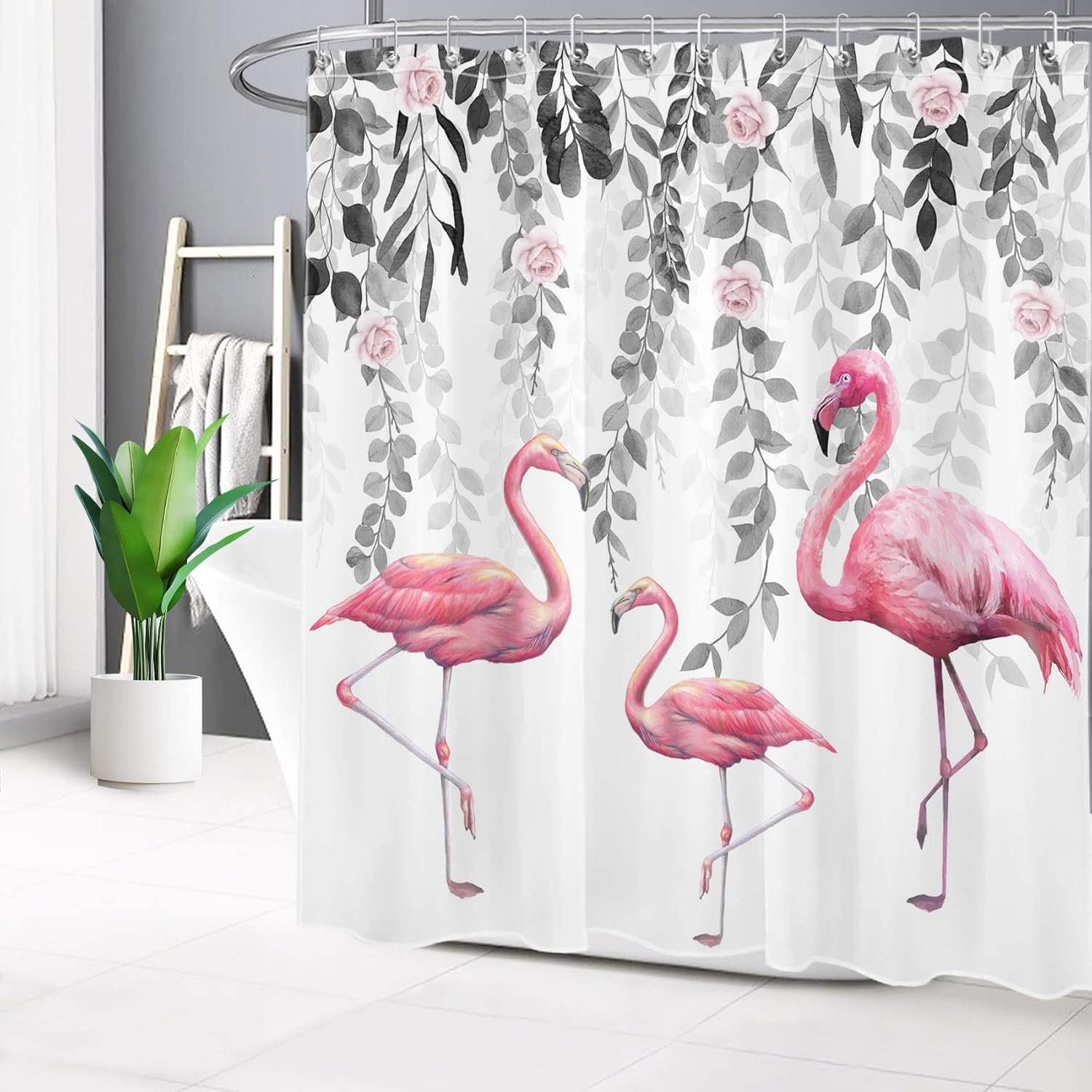 LB Pink Flamingo Shower Curtain Grey Leaf Pink Rose Floral Shower Curtains for Bathroom Tropical Bird Shower Curtain Set Long Waterproof Washable Fabric with Hooks,72x78 inch
