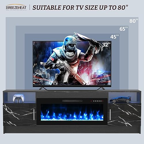Miniatura 98 de BREEZEHEAT Soporte de TV eléctrico con chimenea de 36 pulgadas de hasta 80 pulgadas, centro de entretenimiento LED con puertas de alto brillo,