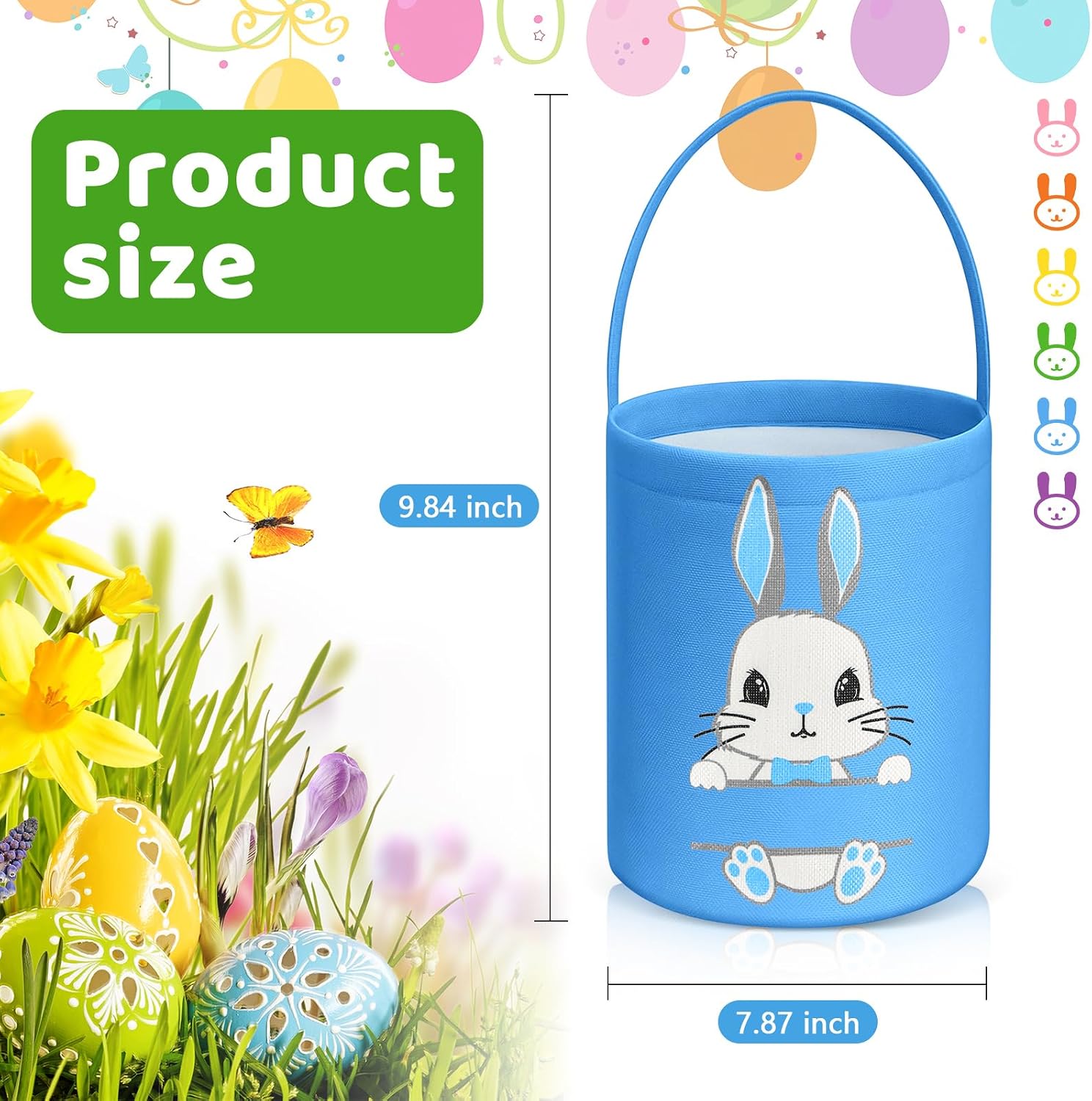 Photect 6 Pack Easter Baskets for Kids, Canvas Bunny Bucket Bags with Handles, Reusable Egg Hunt Tote Sacks, Pastel Colorful for Spring DIY Monogram & Party Favor Treats Goody Bags(Stylish)