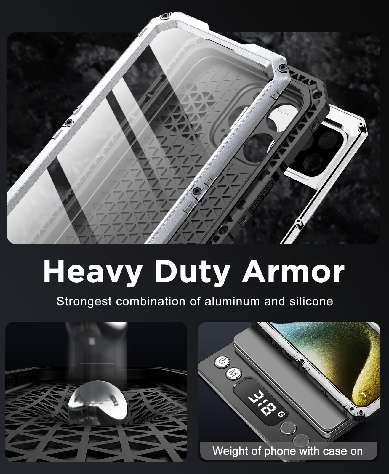 Beeasy Cover per iPhone 15 Pro Max IP68 Impermeabile Custodia Militare Antiurto Resistente 360° Metallo Armor Protezione Schermo Integrata Rugged Robusta Indistruttibile Subacquea Antipolvere Argento