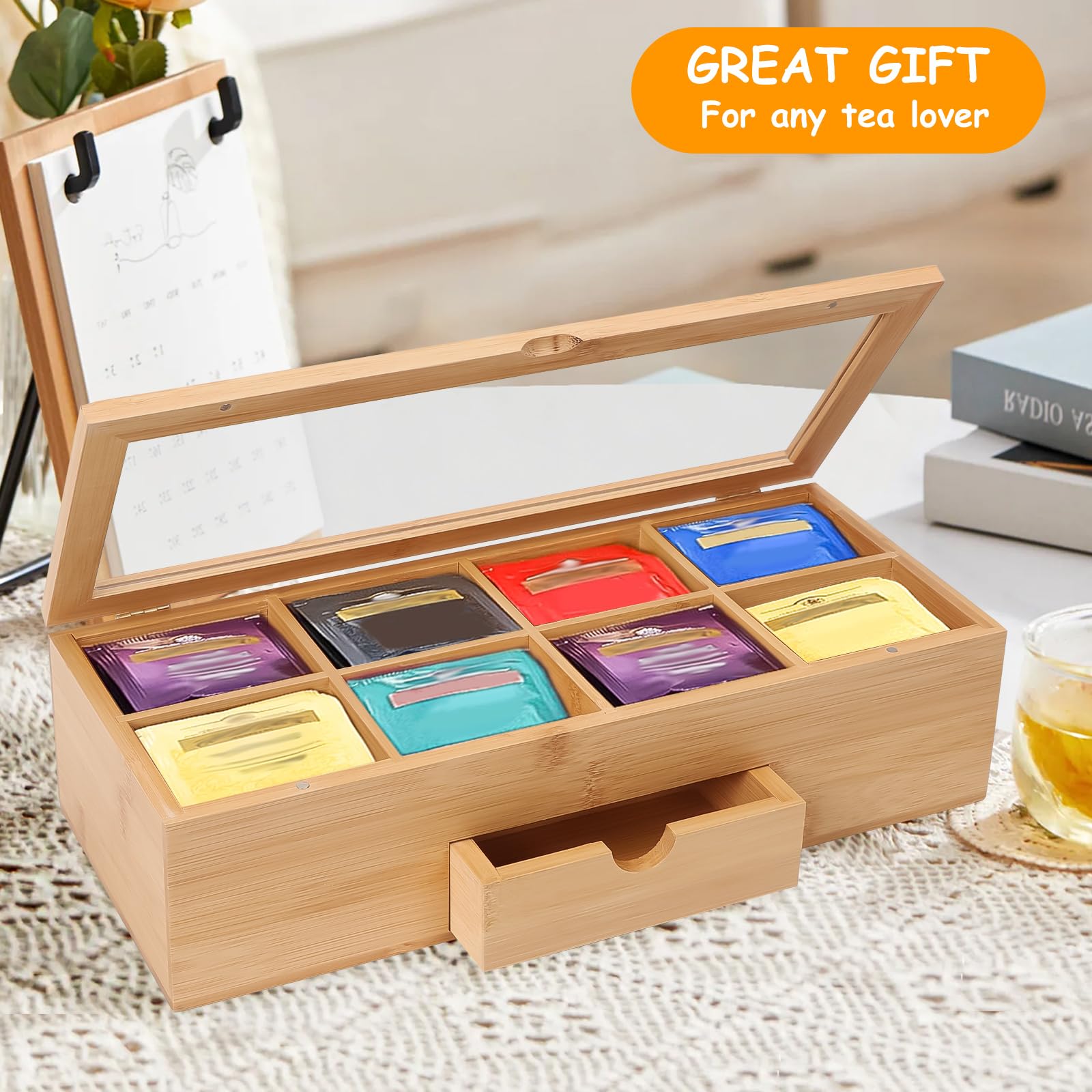 Tea Bag Organizer, Bamboo Tea Box with Acrylic Lid, Tea Holder Organizer with Retractable Drawer - 8 Compartment