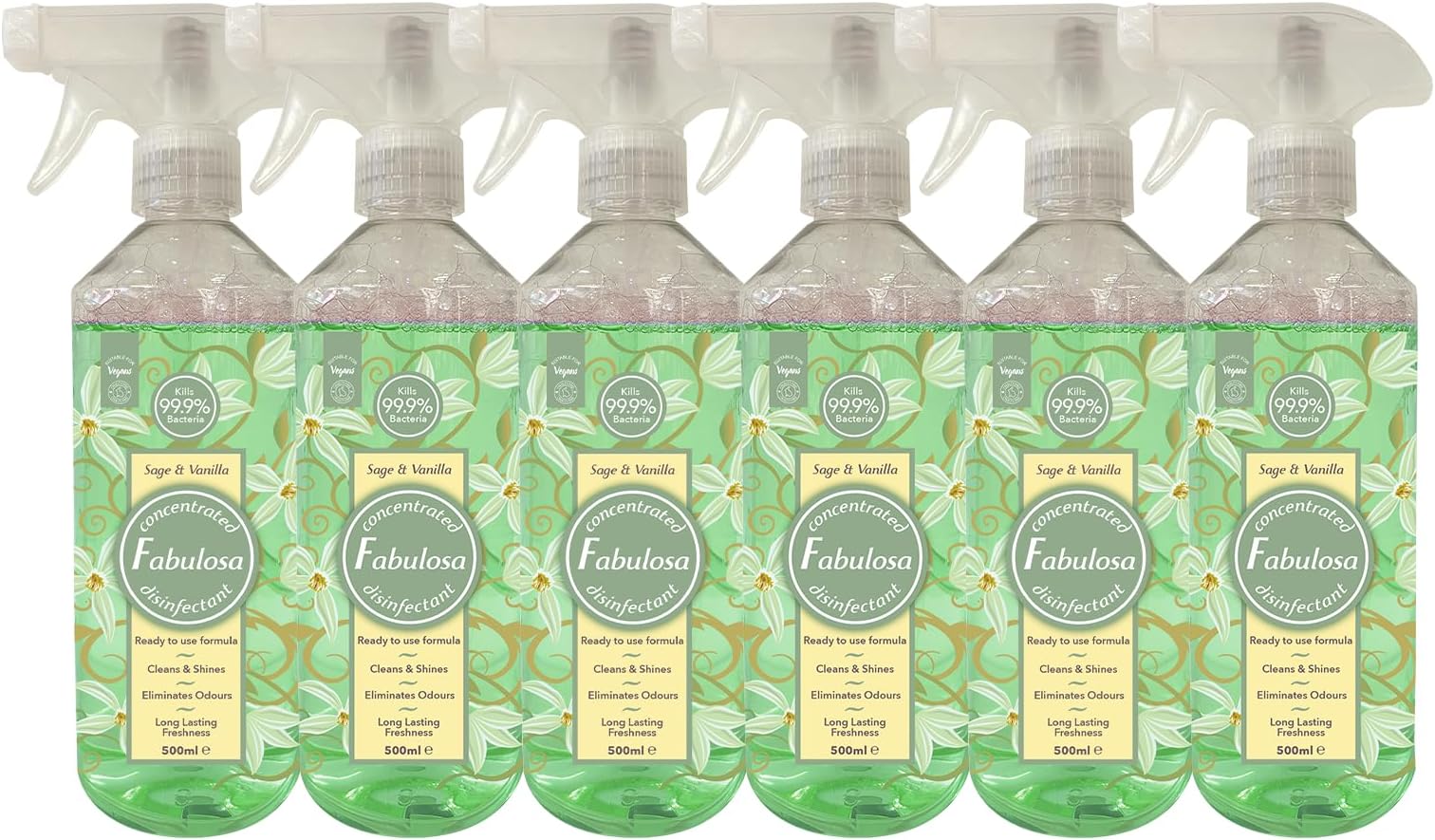 Fabulosa Multi-Purpose Anti-Bacterial Disinfectant Trigger Spray with Long Lasting Fragrance, 500 ml, 6 Pack, Sage and Vanilla
