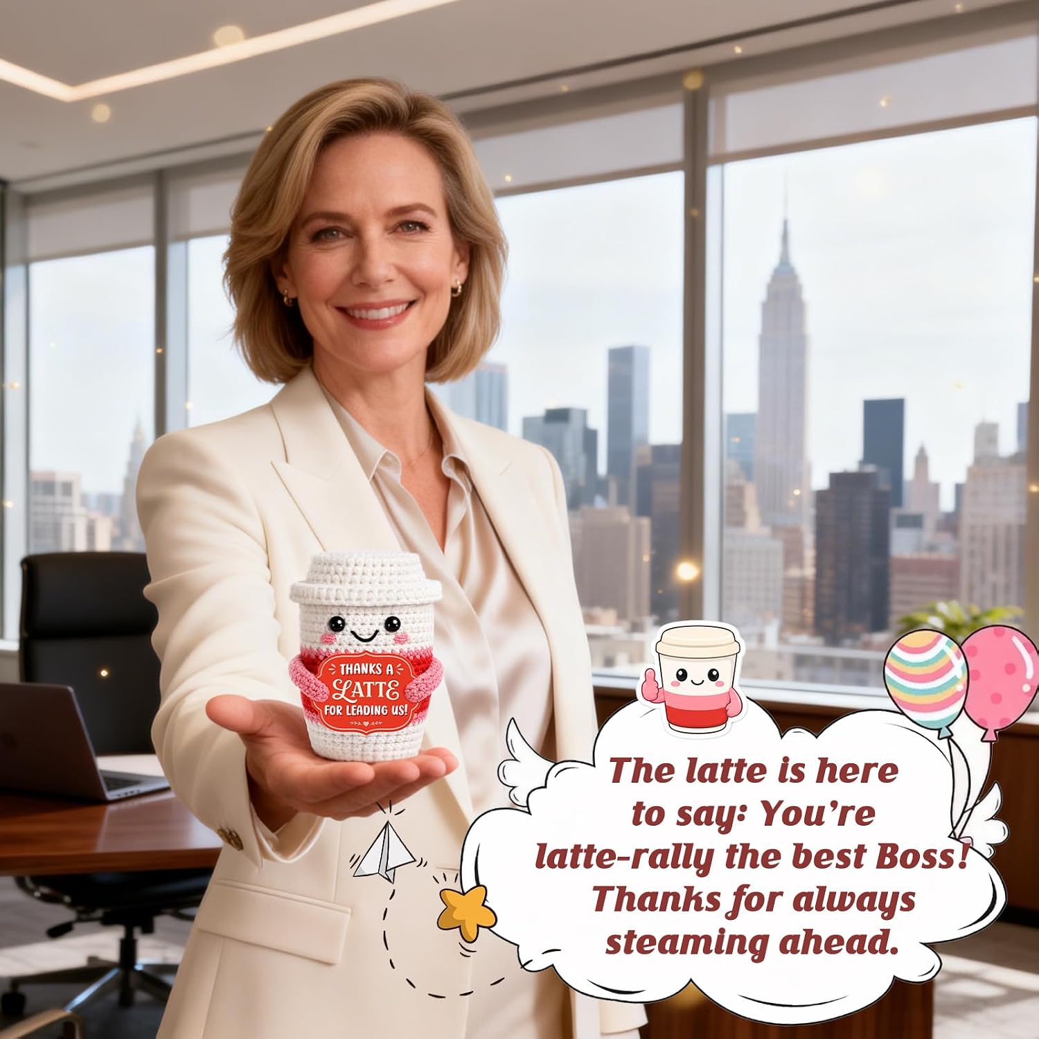 Boss Gifts for Women Boss Lady , Bosses Day Appreciation Gifts for Female Leader Maneger Mentor Supervisor from Coworker Employee, Handmade Crochet Lattte with"Thanks A Latte for Leading Us"Card