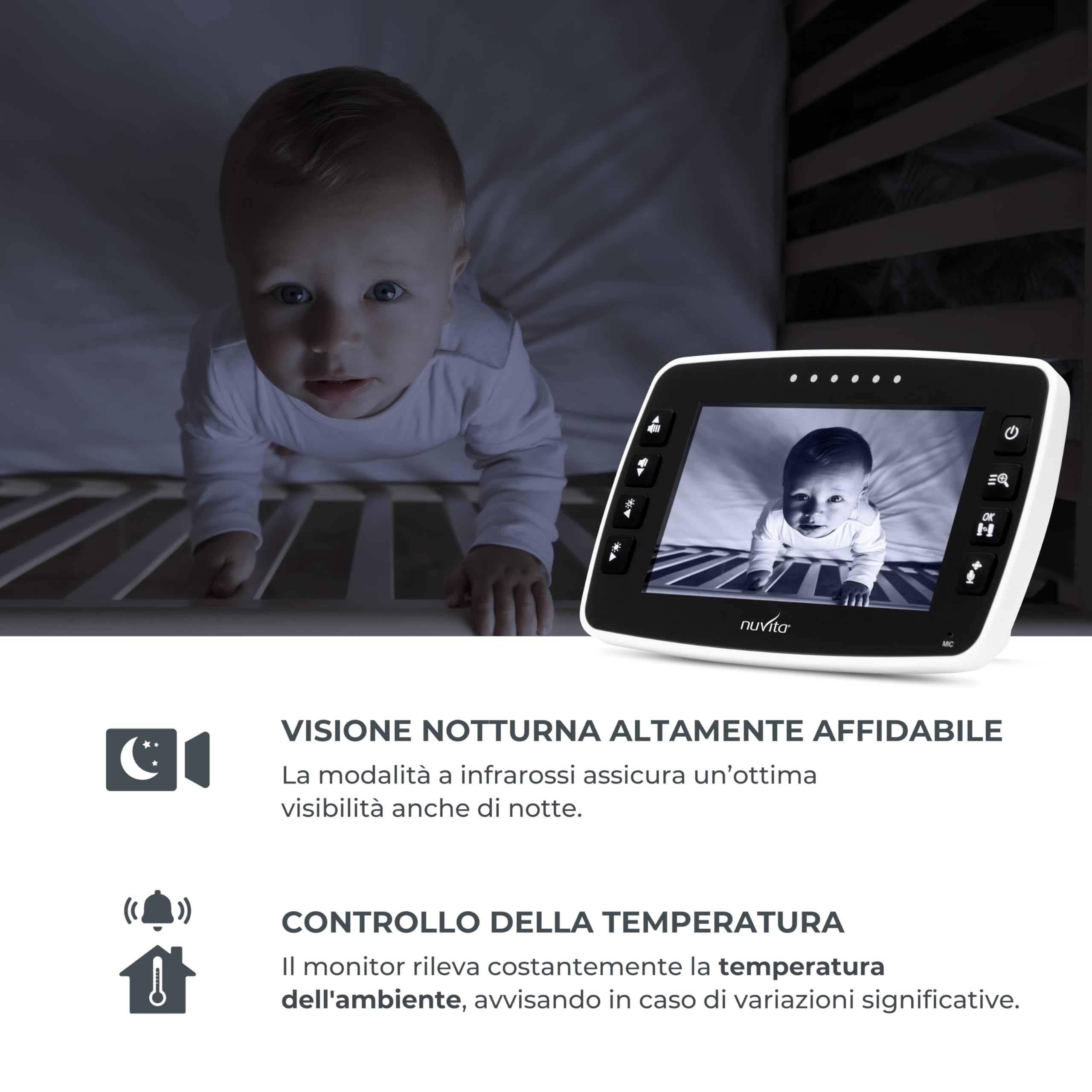 Nuvita 3045 Videovoice - Baby Monitor Video Wireless a 360° con telecamera direzionabile a distanza, SMART VOX, Visione Notturna e Ninne Nanne