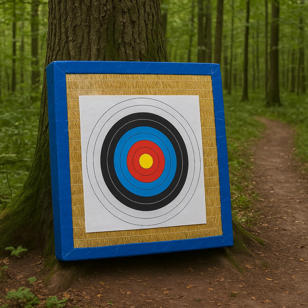 Zielscheibenmatte aus Stroh 90x90 cm | wetterfeste Bogensport Zielscheibe inkl. 3 FITA Zielauflagen, Pfeilfangmatte Schießscheibe für Recurve & Freizeitbogen