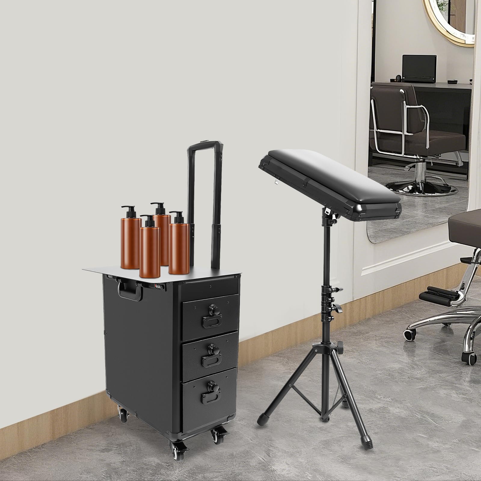 Valigetta per cosmetici con trolley per tatuaggi, con supporto per braccioli, valigetta per trucchi con 3 cassetti, serratura a combinazione e banco da lavoro, tavolo per tatuaggi, beauty stand