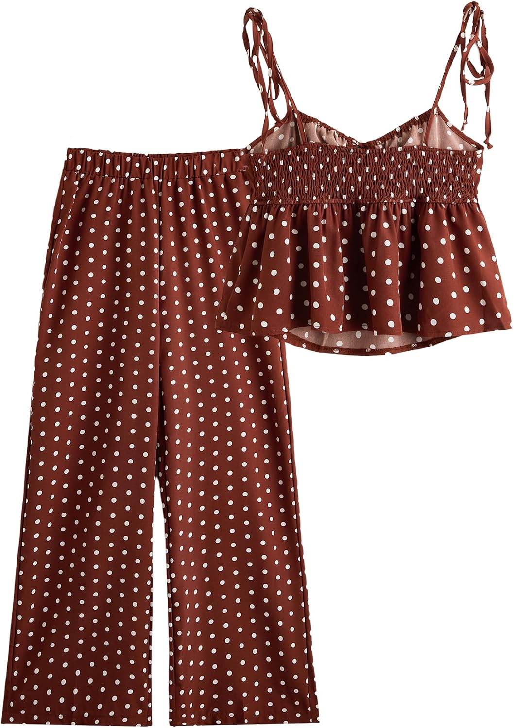 Verdusa Women's 2 Piece Outfits Polka Dots Tie Shoulder Babydoll Tops with Wide Leg Pants Summer Vacation Sets