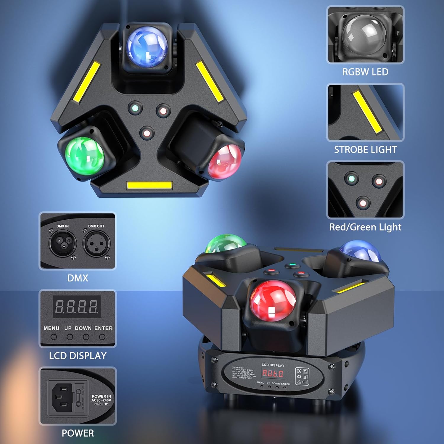 Three Head Rotation Moving Head Stage Lights 9 X 10W RGB LED DJ Lighting with DMX Mode Sound Stage Lighs and Parties Lights Activated for Party Wedding Concert Disco DJ Concert Show (2 Pack)