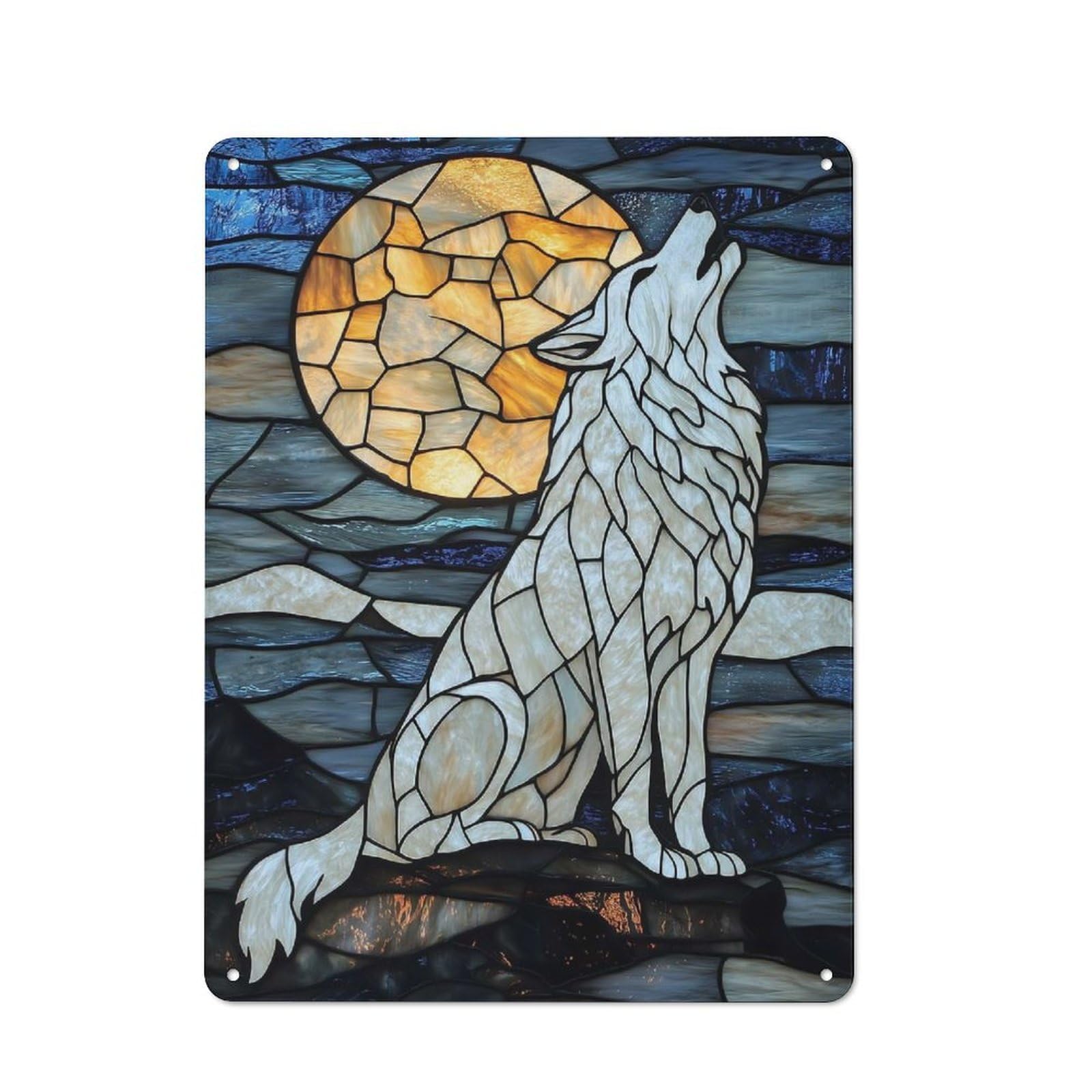 Junmoney Stained Glass Wolf Howling Tin Wall Plaque 40X30cm With For Bar Or Restaurant, Suited To Restaurant Interior Fans