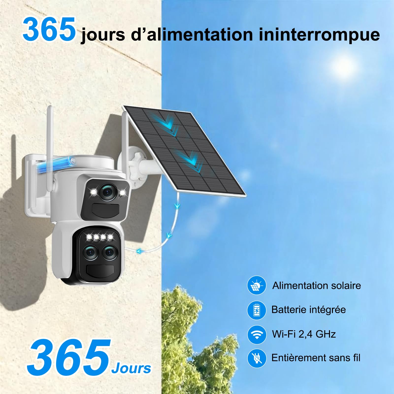 4K Caméra de Surveillance WiFi Exterieure sans Fil,10X Triple Objectif Camera Extérieur Solaire avec Panneau,Vision Vocturne,Alarme,Batterie,2.4GHZ,Audio Bidirectionnel,Suivi Automatique,IP66,355° PTZ
