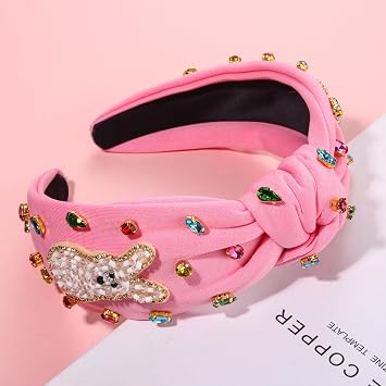 NVENF Easter Headband for Women Beaded Rabbit Bunny Headband White Pink Crystal Pearl Knotted Hairband Happy Easter Hair Accessories Spring Holiday Headwear Outfits Gifts (Bunny A - Pink)