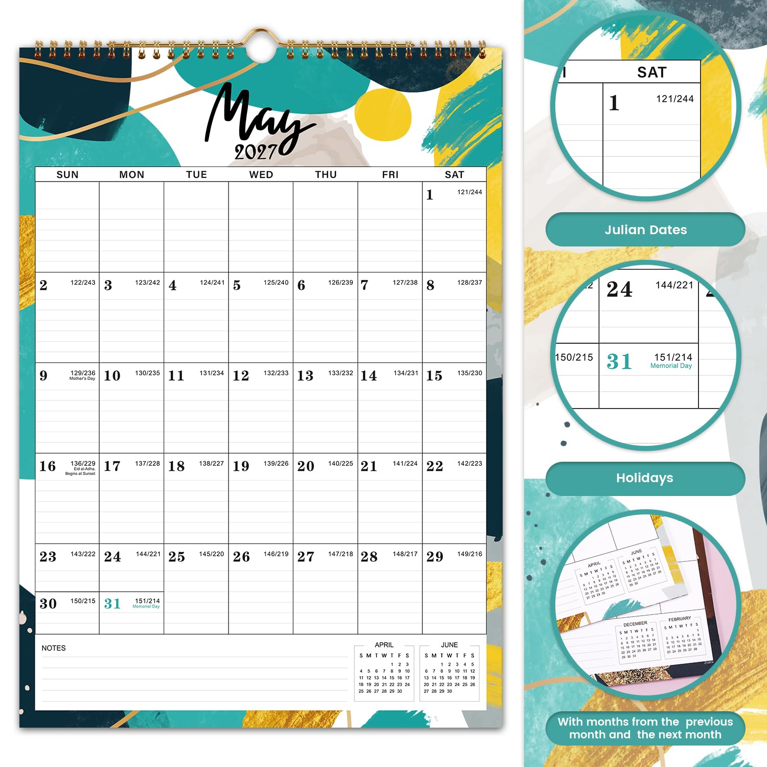 Wandkalender 2023-2024,18 Monate Kalender von Juli 2023,Dez. 2024, 30.5x43.2 cm, Doppeldrahtbindung, Tagesblöcke mit julianischen Daten, perfekt für die Organisation zu Hause, in der Schule & Büro