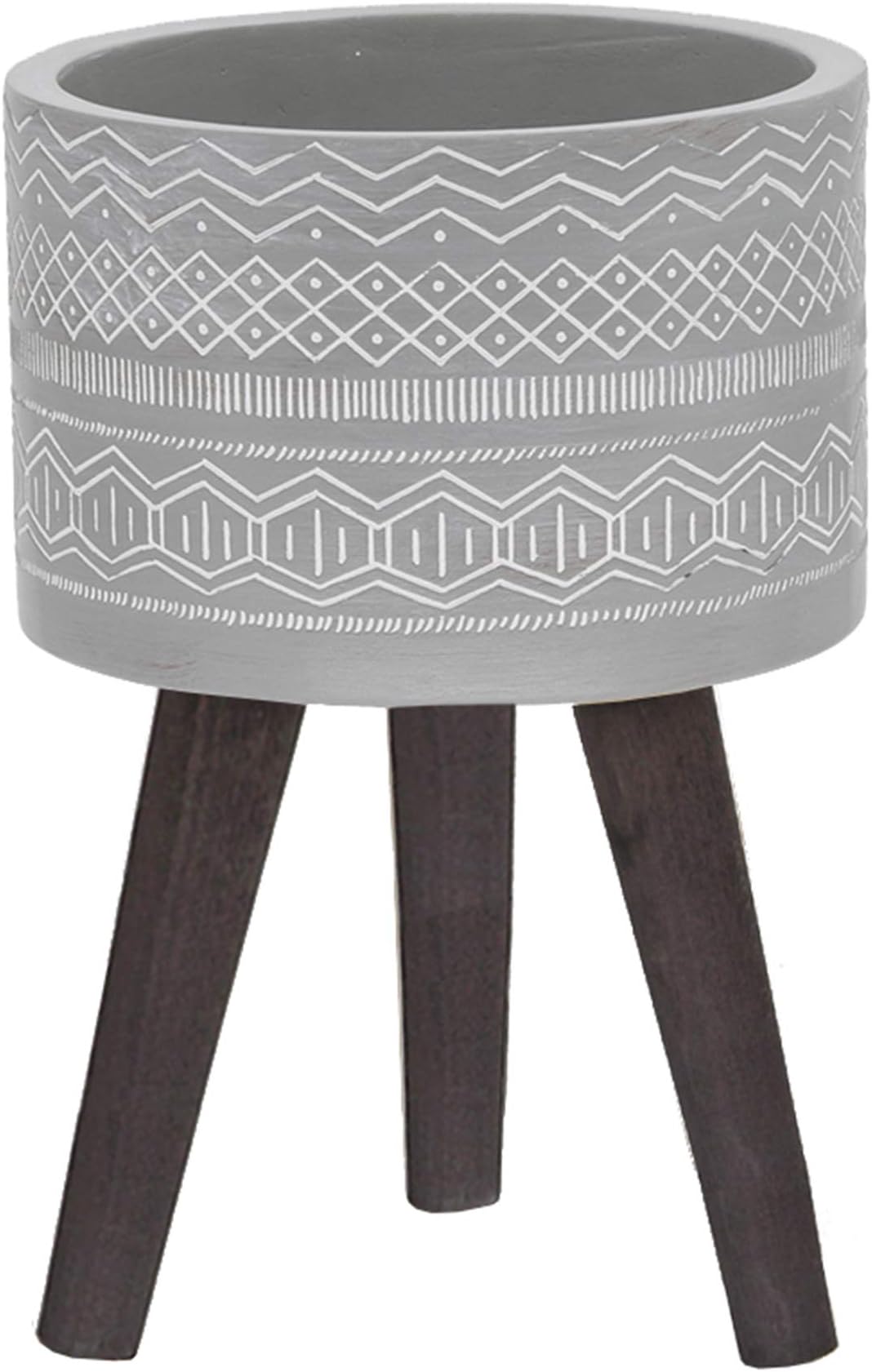Flora Bunda Mid Century 10 inch Tribal Fiberglass Planter on Wood Stand,Gray