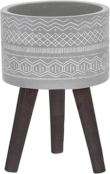 Flora Bunda Mid Century 10 inch Tribal Fiberglass Planter on Wood Stand,Gray