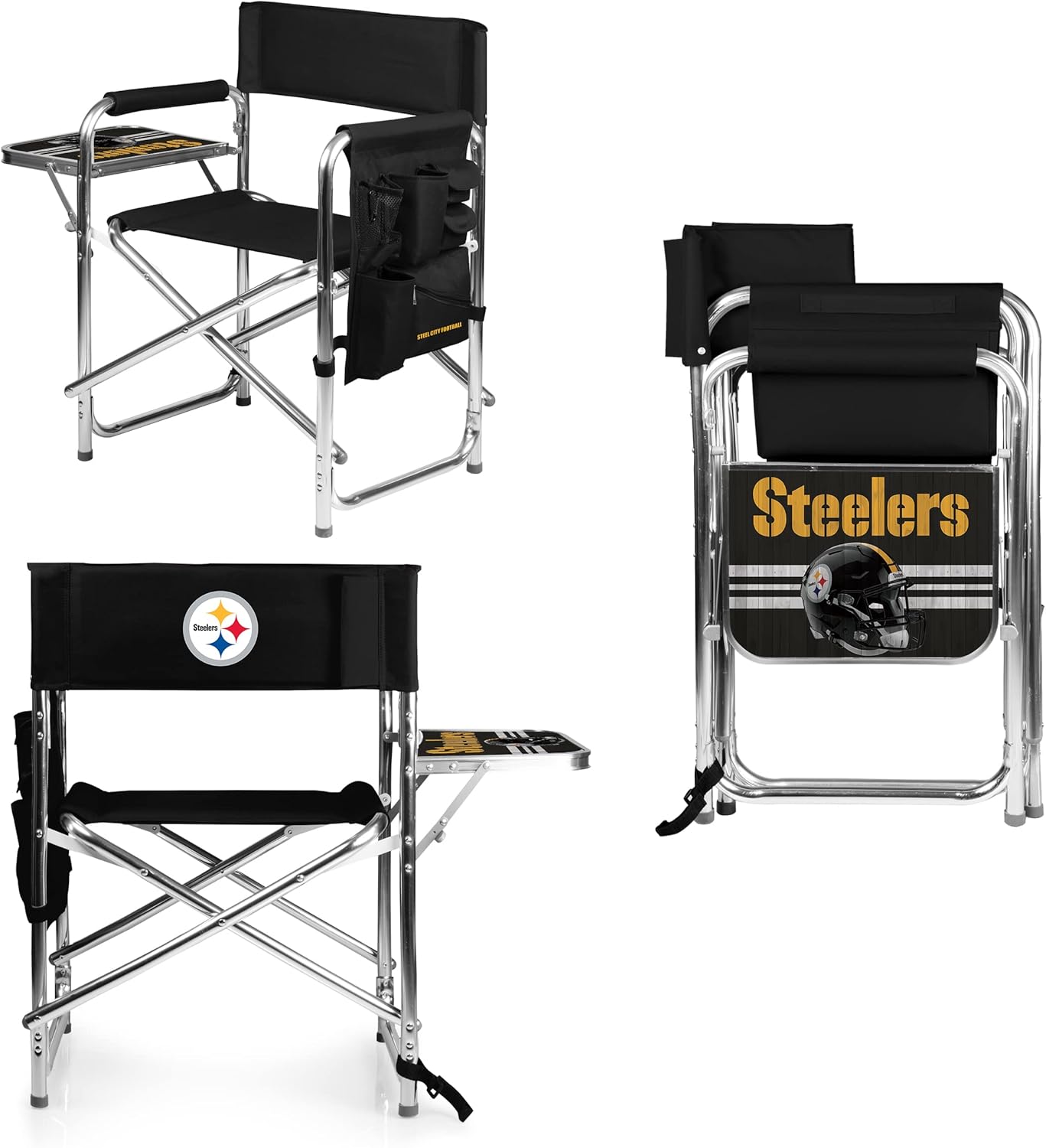 PICNIC TIME NFL Unisex-Adult NFL Sports Chair with Side Table, Beach Chair, Camp Chair for Adults Pittsburgh Steelers One Size Black
