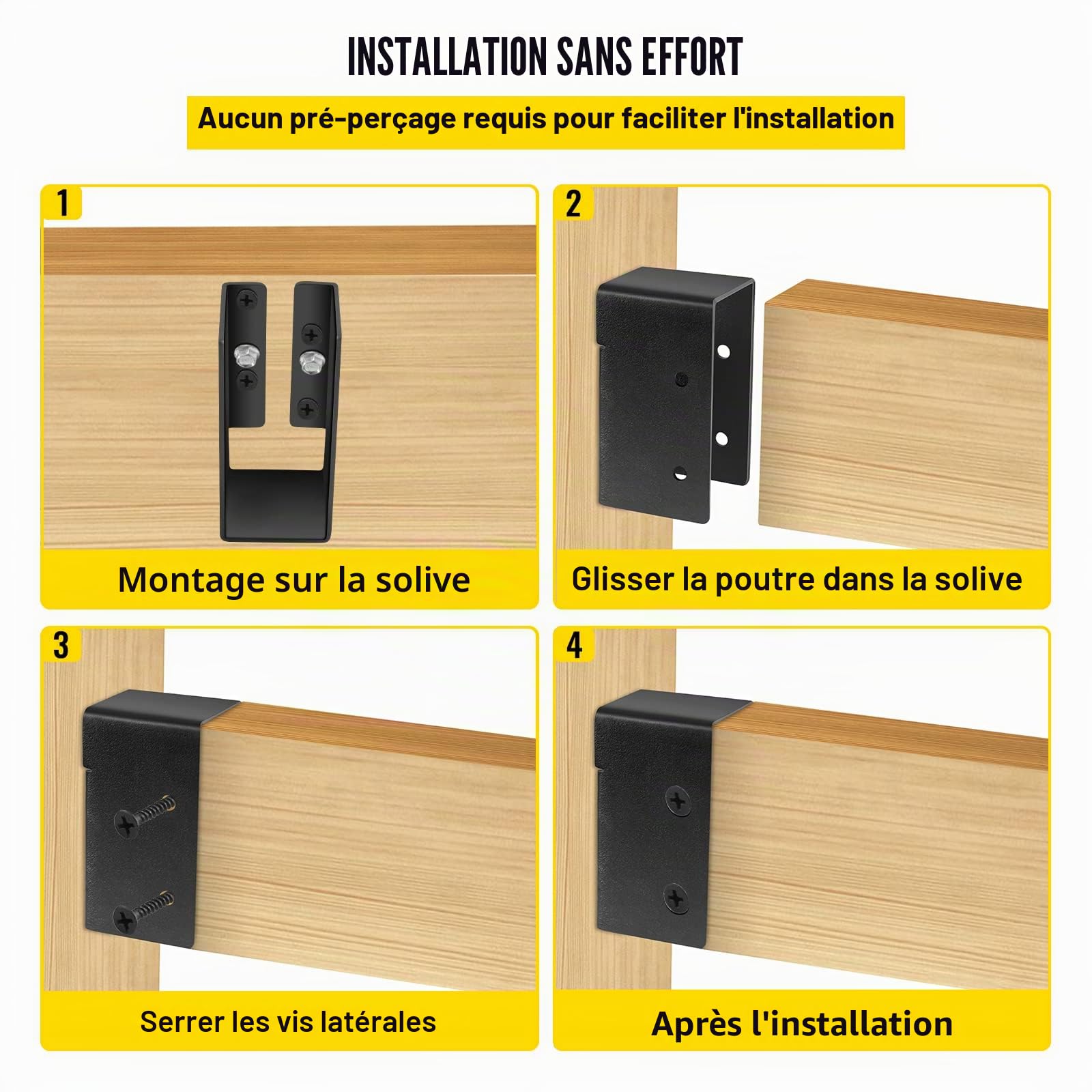 VEVOR Supports de solive dissimulés, lot de 24, support de poutres pour connecter du bois 51x102 mm, plaque d'acier Q235 avec revêtement en poudre, support de solive dissimulé pour poutre bois, noir