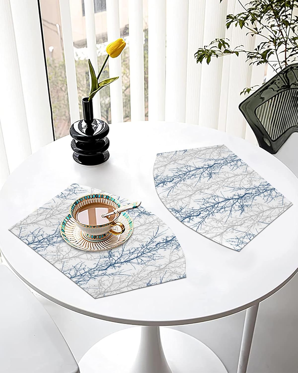 Round Table Placemats Set of 6 Navy Blue Grey Tree Branch Wedge Shaped Placemats Non-Slip Heat Insulation Table Mats Durable Wipeable Placemats for Round Tables Party Decor