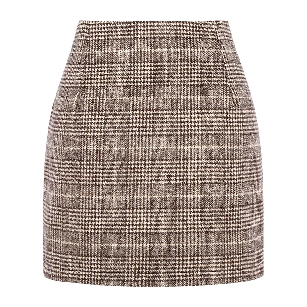 Kinghua Womens Wool Plaid Mini Skirt Fall Winter High Waisted Bodycon Pencil Skirt