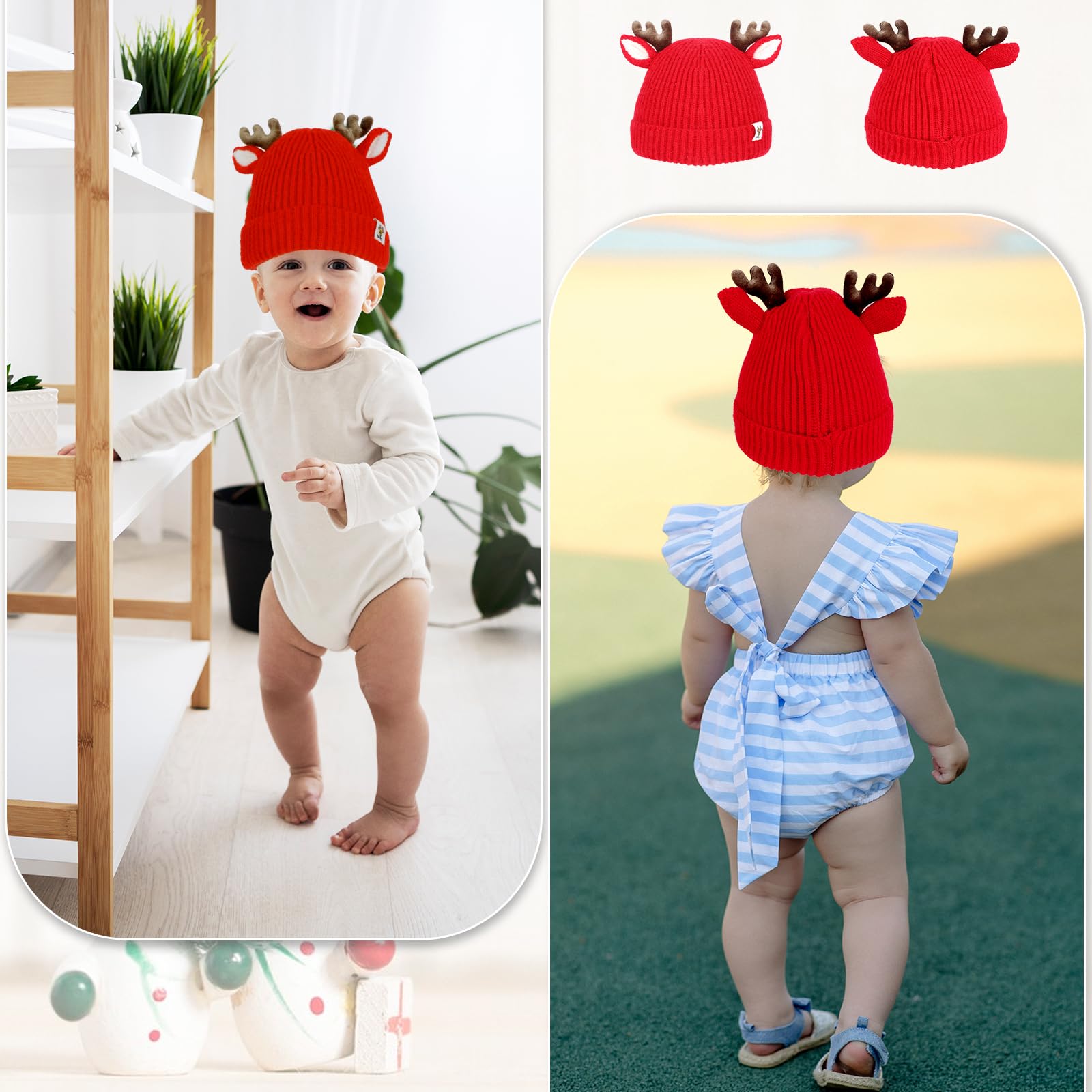 COMNICO Winter Hat for Kids, Antlers Reindeer Crochet Knitted Baby Beanie Hat Christmas Hat Thick Winter Warmer Cap Girls Accessories for Baby Boys Toddler Girl