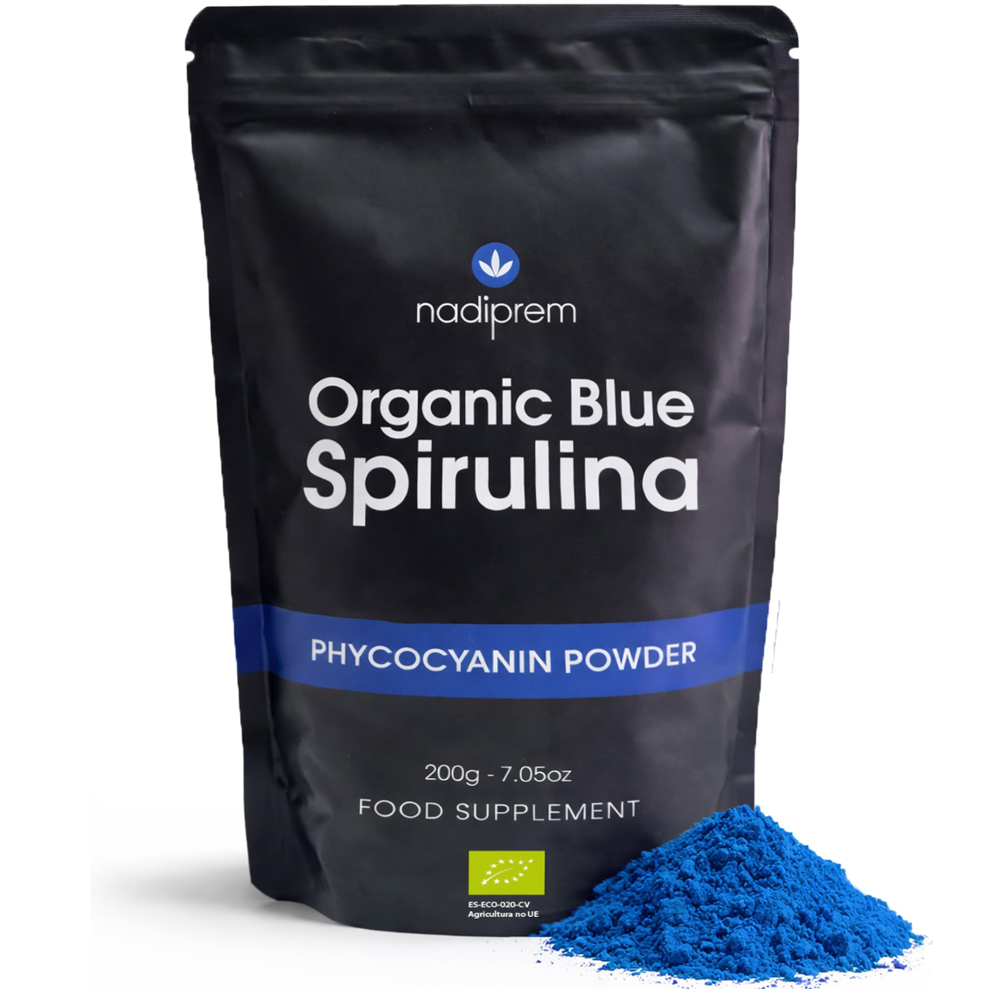 Espirulina Azul en Polvo 200g Ecológica Nadiprem (Ficocianina) | Blue Spirulina Orgánica | Colorante Alimentario Natural | Fácil Disolución para Batidos y Repostería