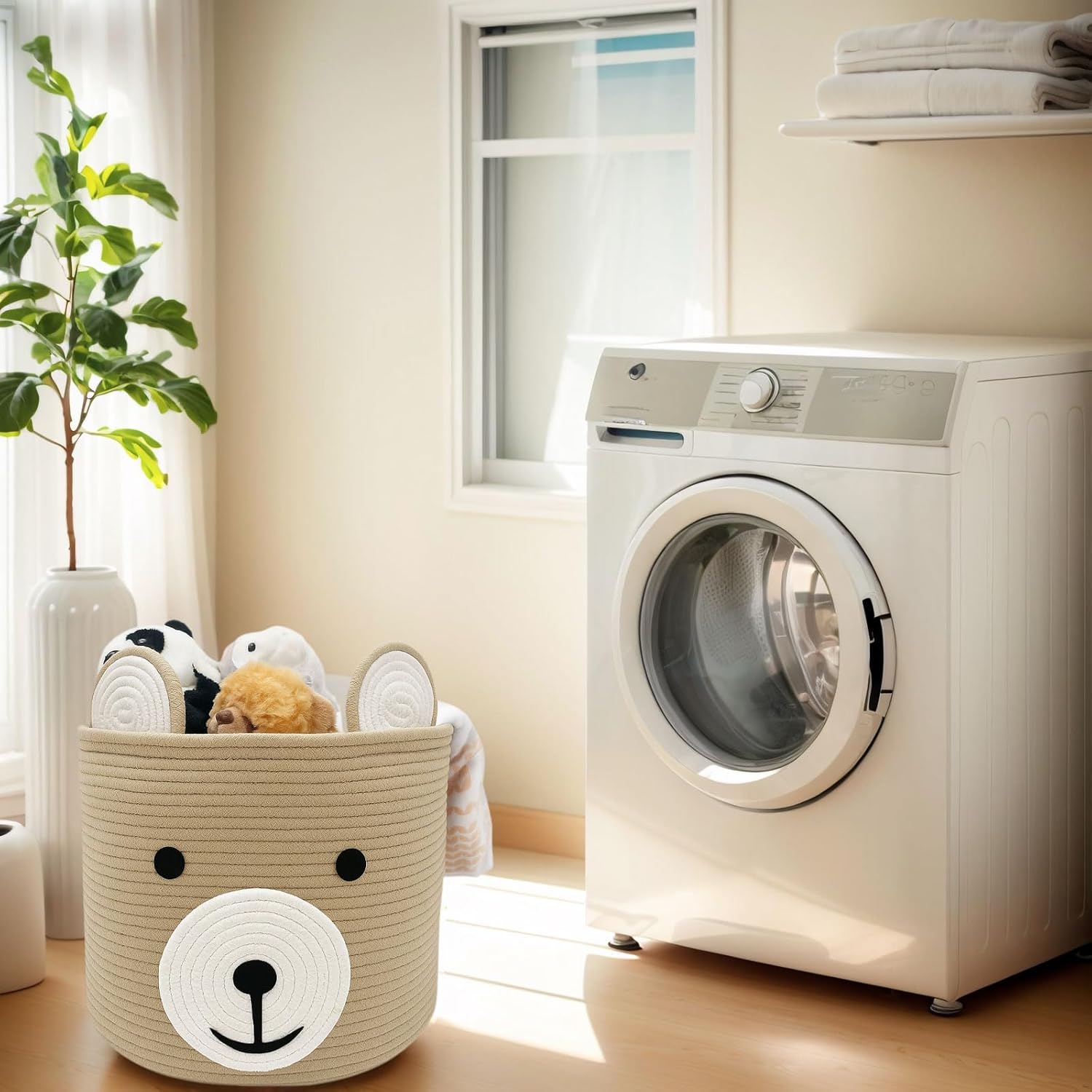 Baby Laundry Basket, Bear Basket, Baby Shower Baskets, Bear Gift Baskets for Kids, Nursery, Toy Storage, Cotton Rope Hamper with Handles (Light Brown, 15" D x 13" H)