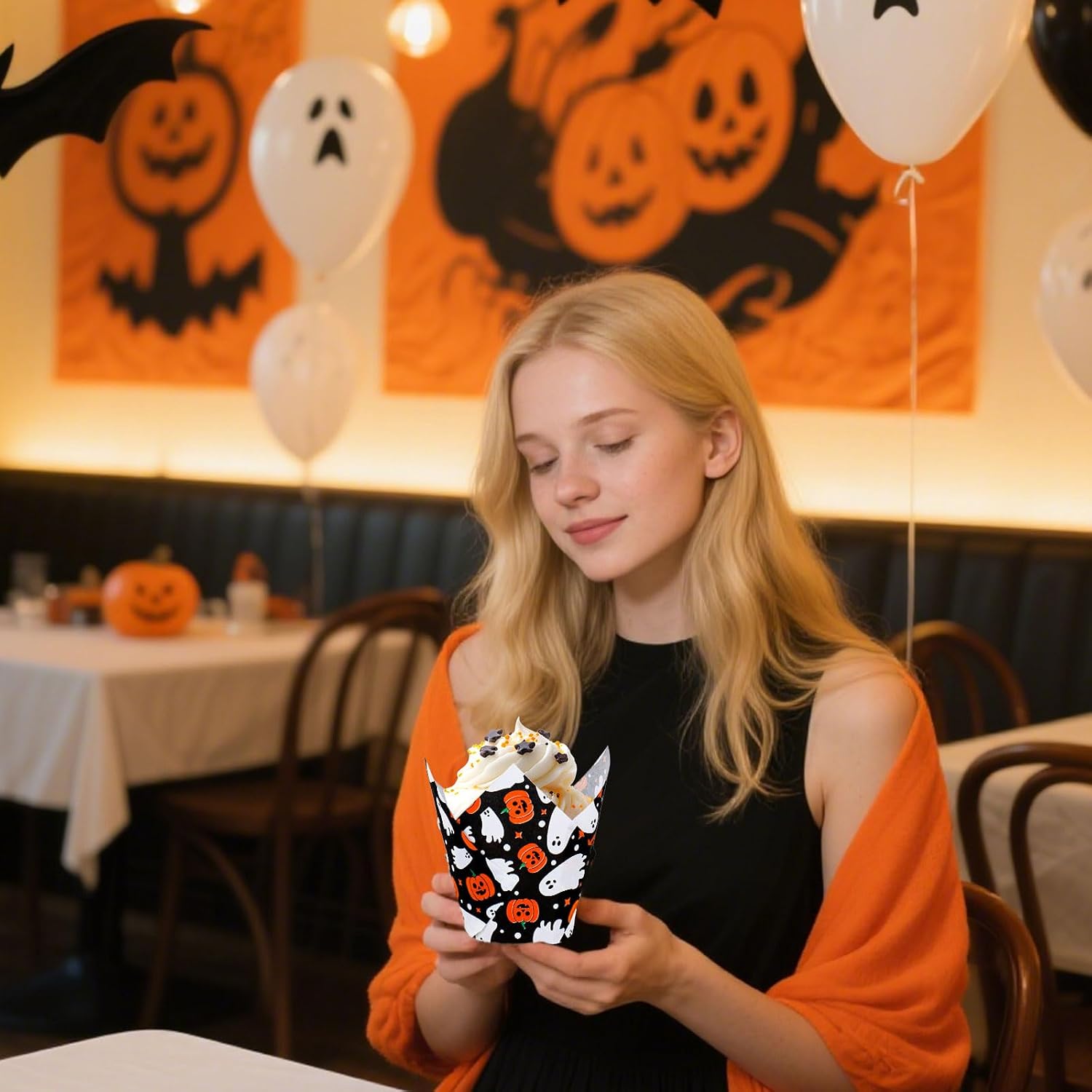 Whaline 200Pcs Halloween Tulip Cupcake Liners Cute Ghost Pumpkin Dots Muffin Baking Cups Black Cupcake Wrappers for Party Supplies Table Decor