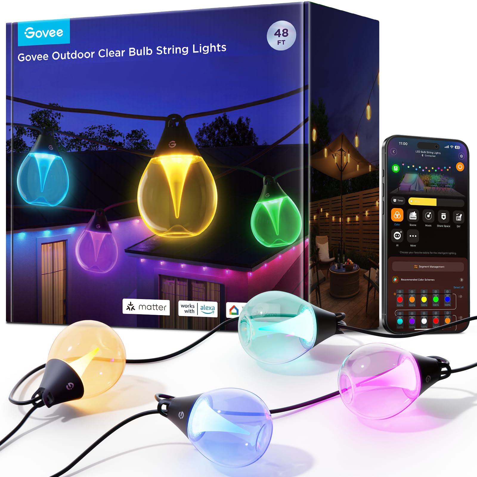 Govee Outdoor Clear Bulb String Lights, 15M Dimmable RGBWIC Outdoor Lights with 16 Million Color and 111 Scene Modes