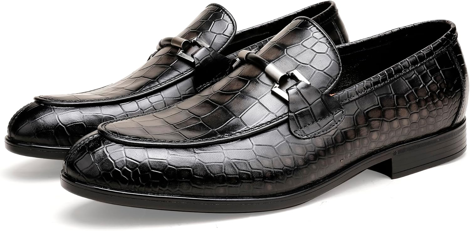 Mens Leather Penny Loafers, Classic Crocodile Printed Business Dress Shoes with Metal Buckle Slip on Penny Shoes for Mens - Image 7