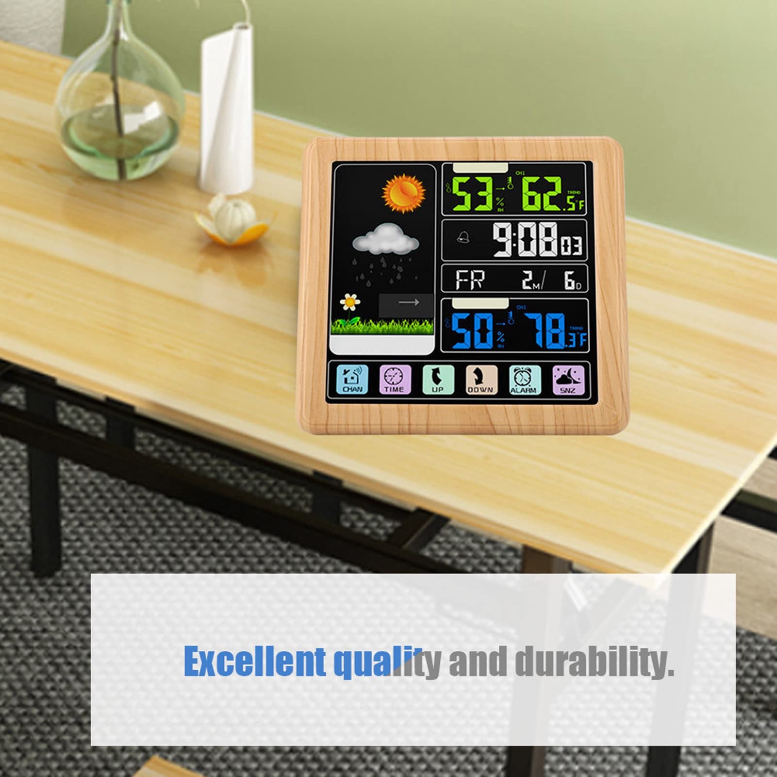 Sxhlseller Drahtlose Wetteruhr mit Vollem Touchscreen |Multifunktionswecker mit Farb-LCD, USB-Anschluss, Kindersicherung für TS-3310 (Holzfarbe)