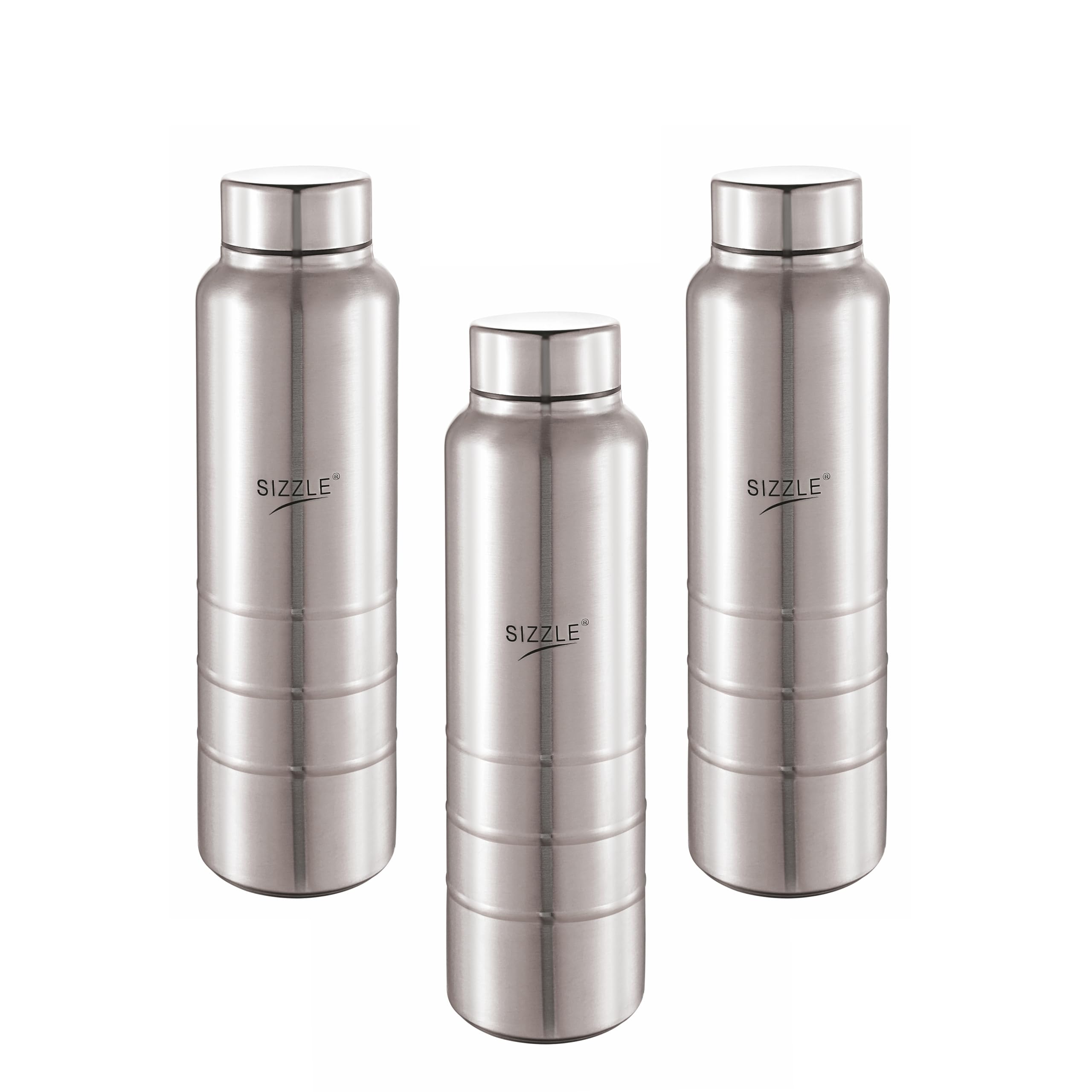 Sizzle Unbreakable Stainless Steel Leak Proof Fridge Water Bottle, 3 pc, 1000 ml, Silver