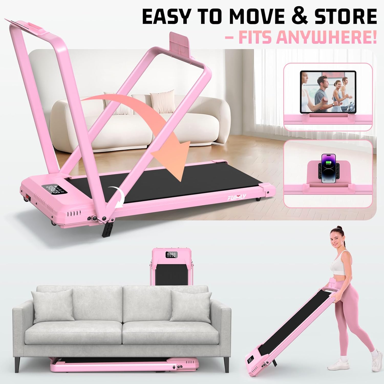 FUNMILY Upgrade Walking Pad Folding Treadmill with 12%/15% & Handle Bar, 3.5HP Foldable Under Desk Compact Treadmills for Home/Office/Gym, 400+lb Capacity, Shock Absorption